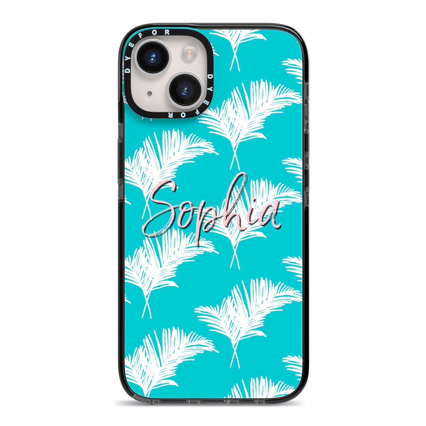 Personalised Blue White Tropical Foliage iPhone 14 Black Impact Case on Silver phone