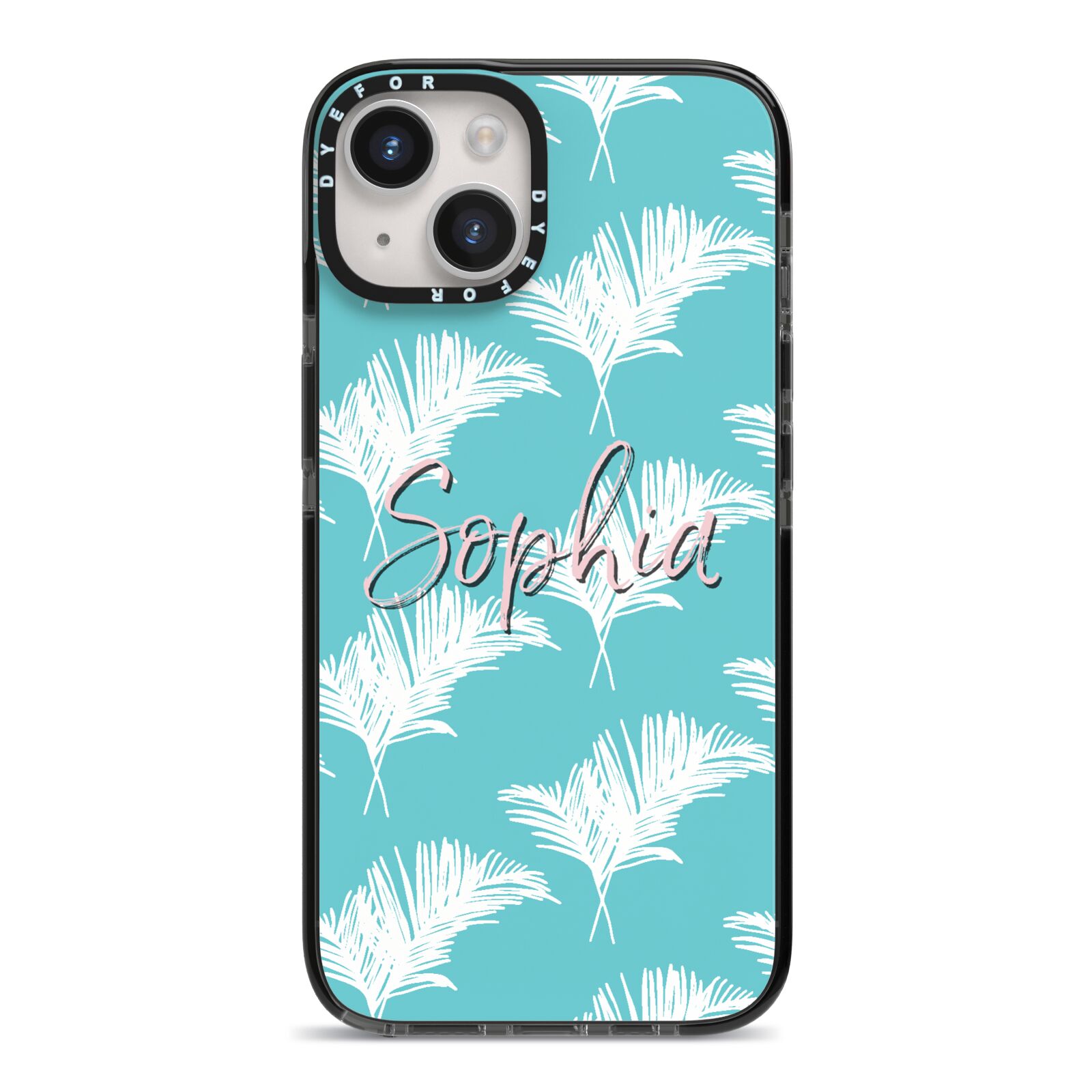 Personalised Blue White Tropical Foliage iPhone 14 Black Impact Case on Silver phone