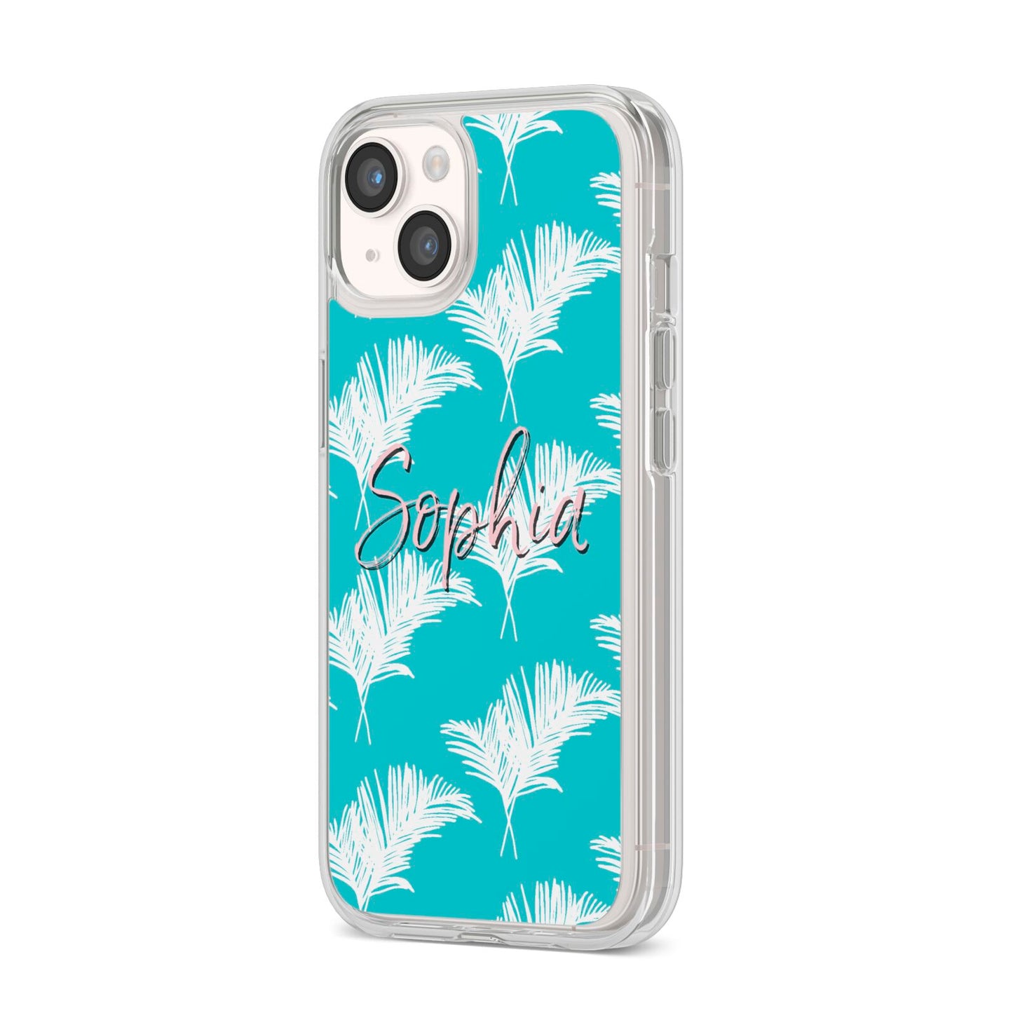 Personalised Blue White Tropical Foliage iPhone 14 Clear Tough Case Starlight Angled Image