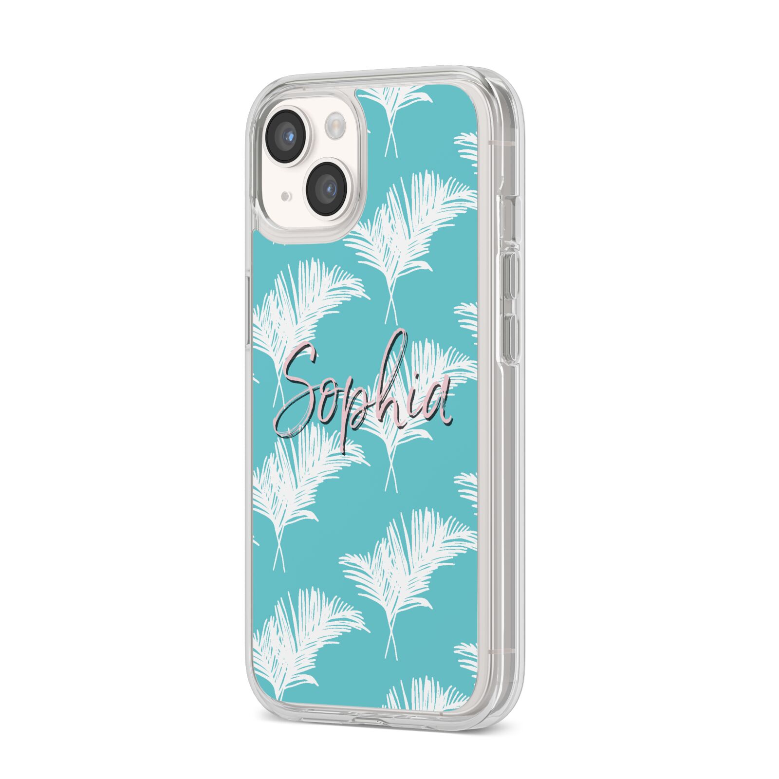 Personalised Blue White Tropical Foliage iPhone 14 Clear Tough Case Starlight Angled Image