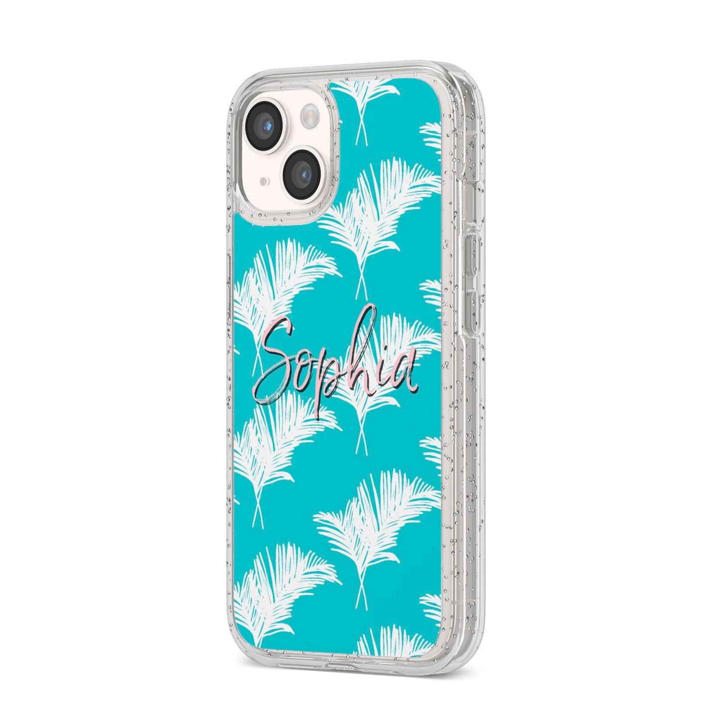 Personalised Blue White Tropical Foliage iPhone 14 Glitter Tough Case Starlight Angled Image