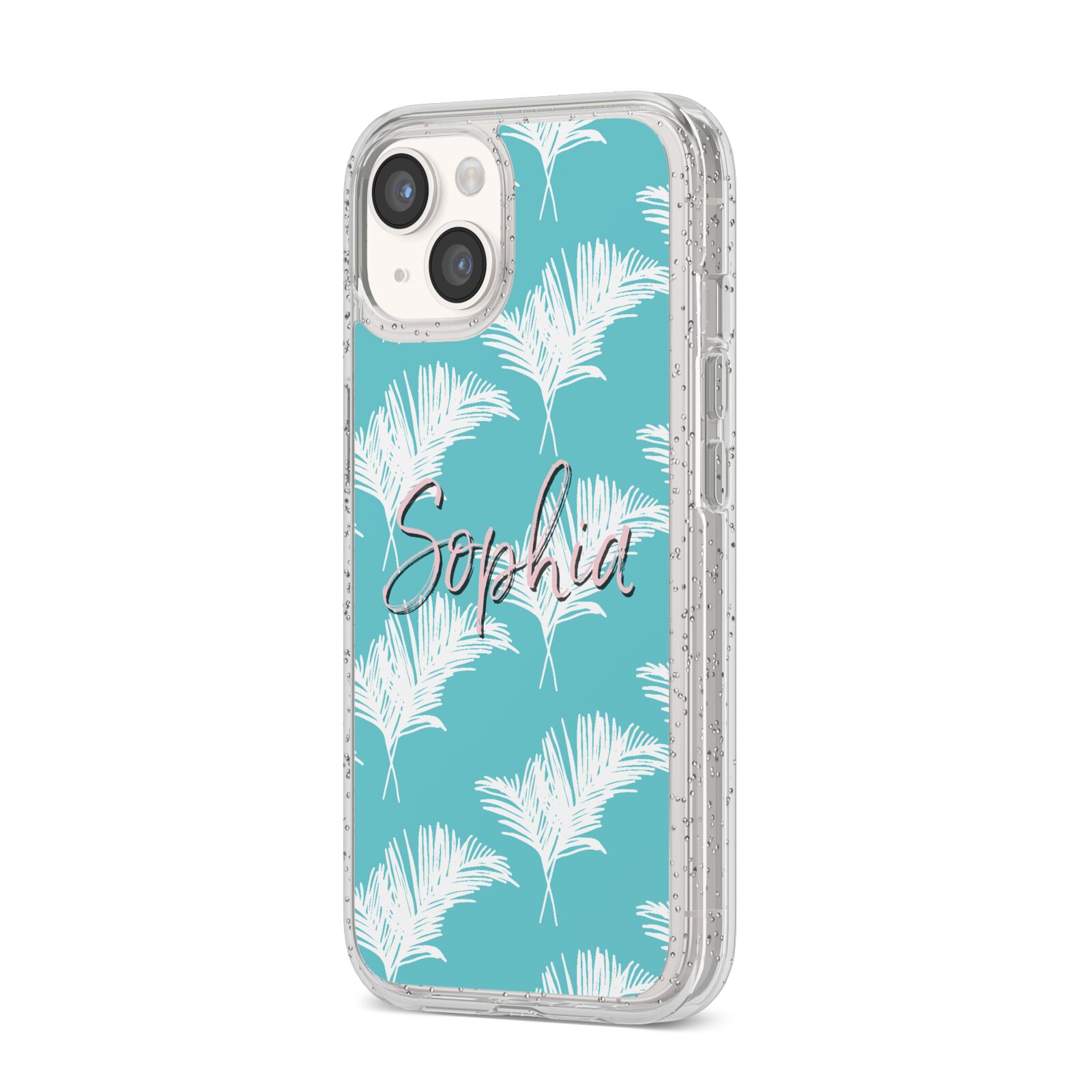 Personalised Blue White Tropical Foliage iPhone 14 Glitter Tough Case Starlight Angled Image