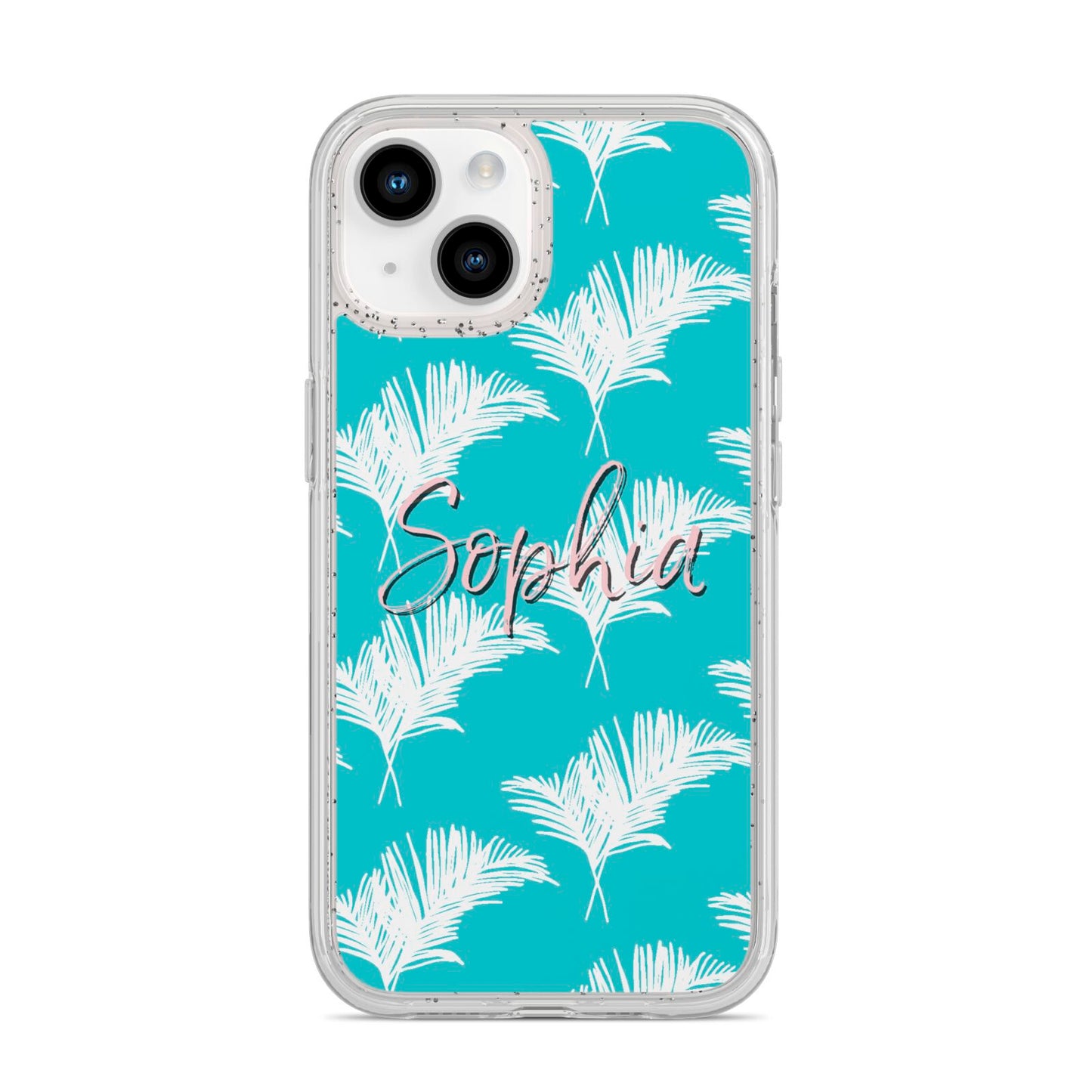 Personalised Blue White Tropical Foliage iPhone 14 Glitter Tough Case Starlight