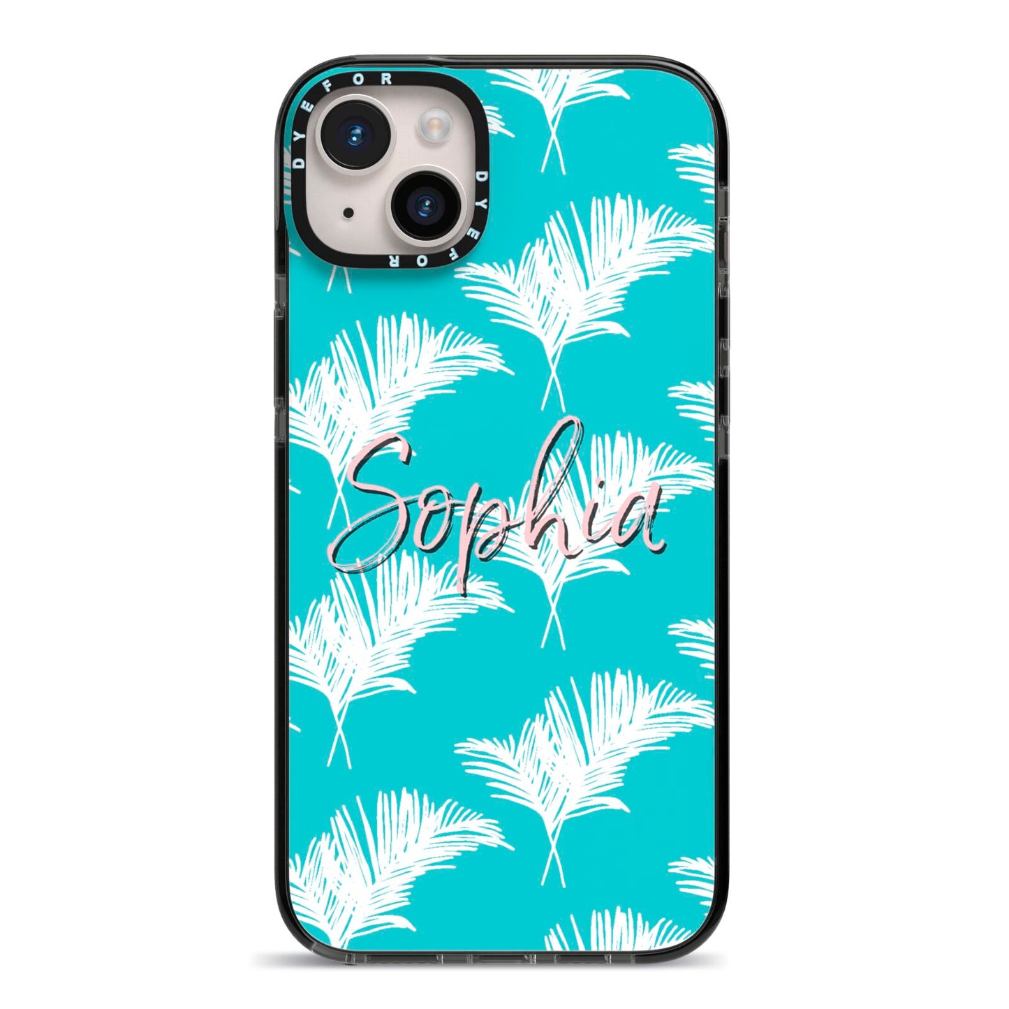 Personalised Blue White Tropical Foliage iPhone 14 Plus Black Impact Case on Silver phone