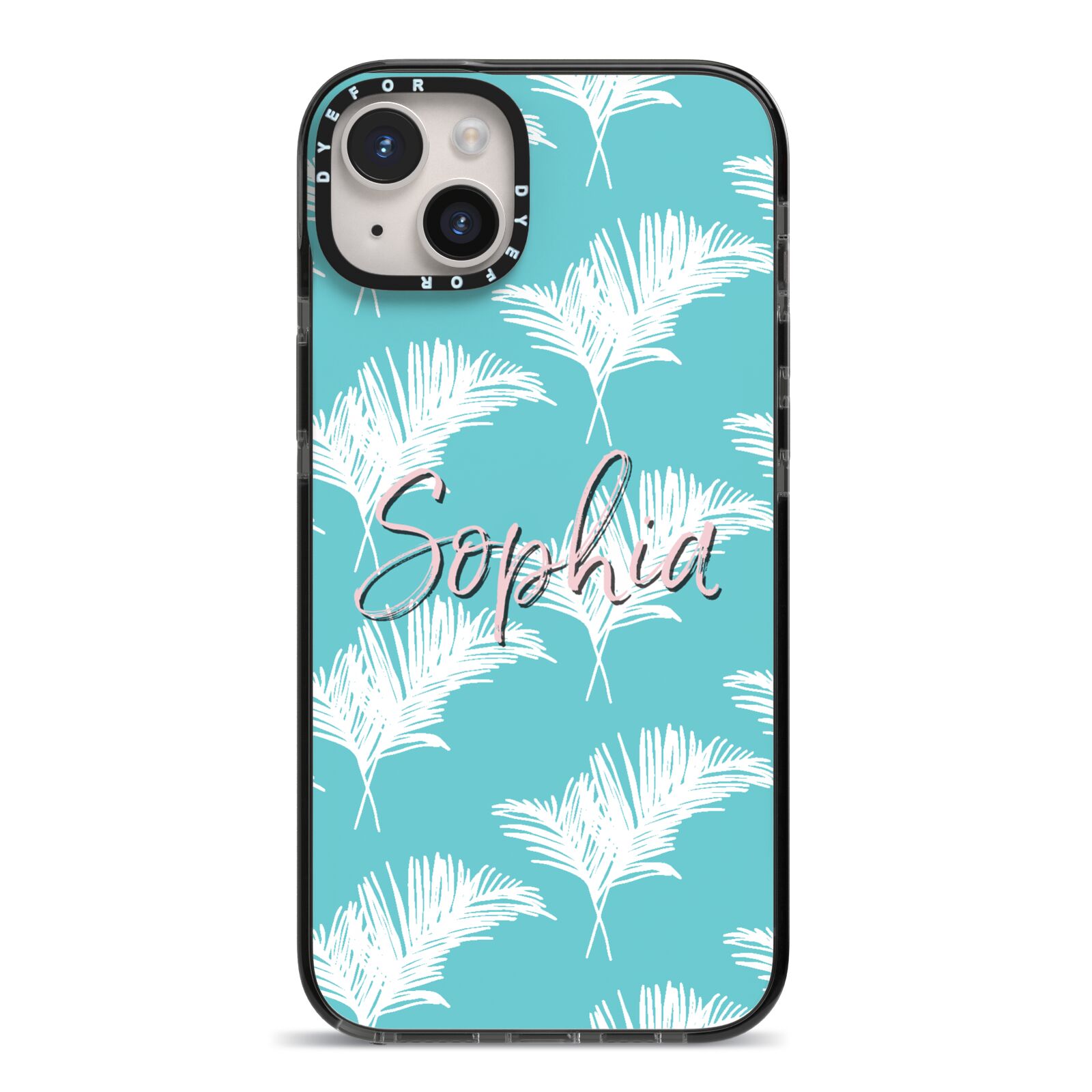 Personalised Blue White Tropical Foliage iPhone 14 Plus Black Impact Case on Silver phone