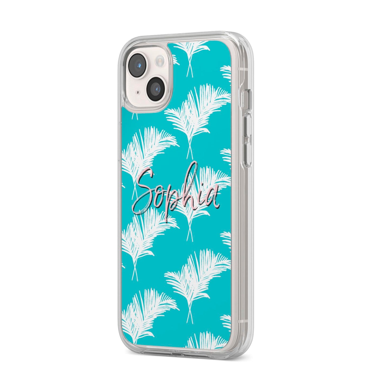 Personalised Blue White Tropical Foliage iPhone 14 Plus Clear Tough Case Starlight Angled Image