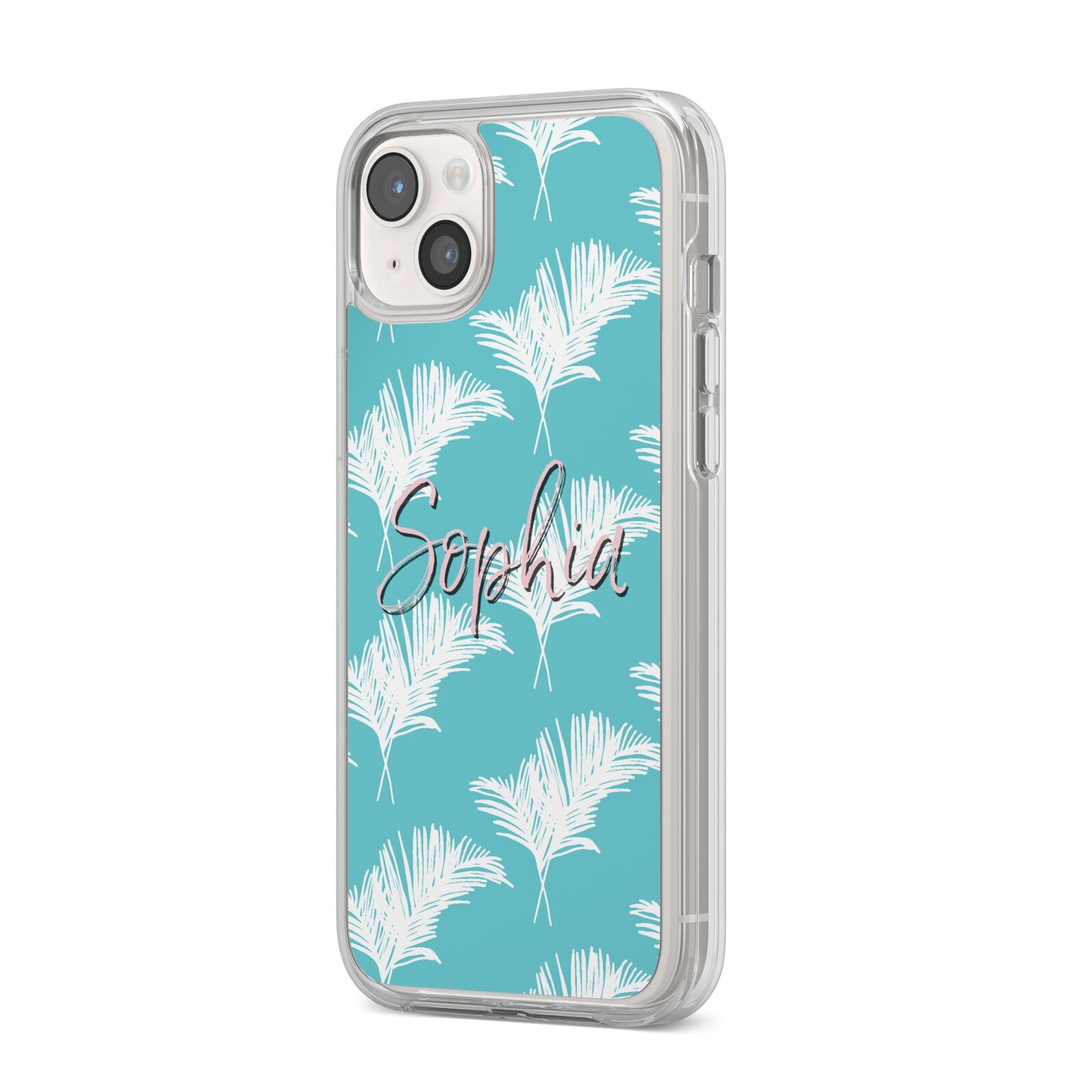 Personalised Blue White Tropical Foliage iPhone 14 Plus Clear Tough Case Starlight Angled Image