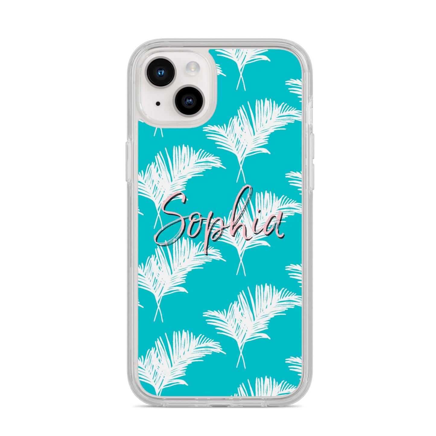 Personalised Blue White Tropical Foliage iPhone 14 Plus Clear Tough Case Starlight