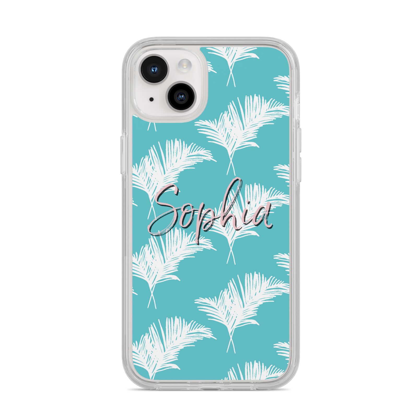 Personalised Blue White Tropical Foliage iPhone 14 Plus Clear Tough Case Starlight