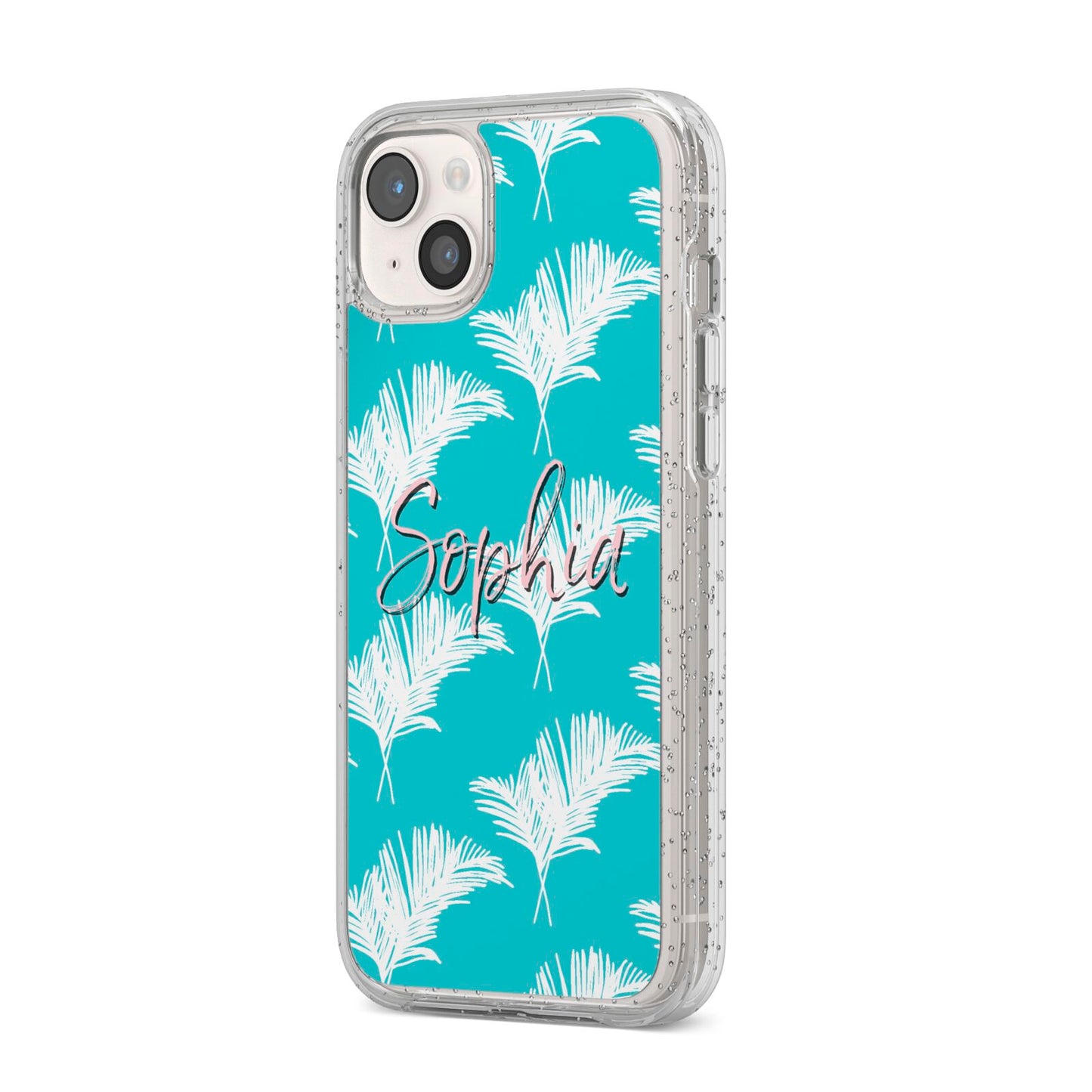 Personalised Blue White Tropical Foliage iPhone 14 Plus Glitter Tough Case Starlight Angled Image