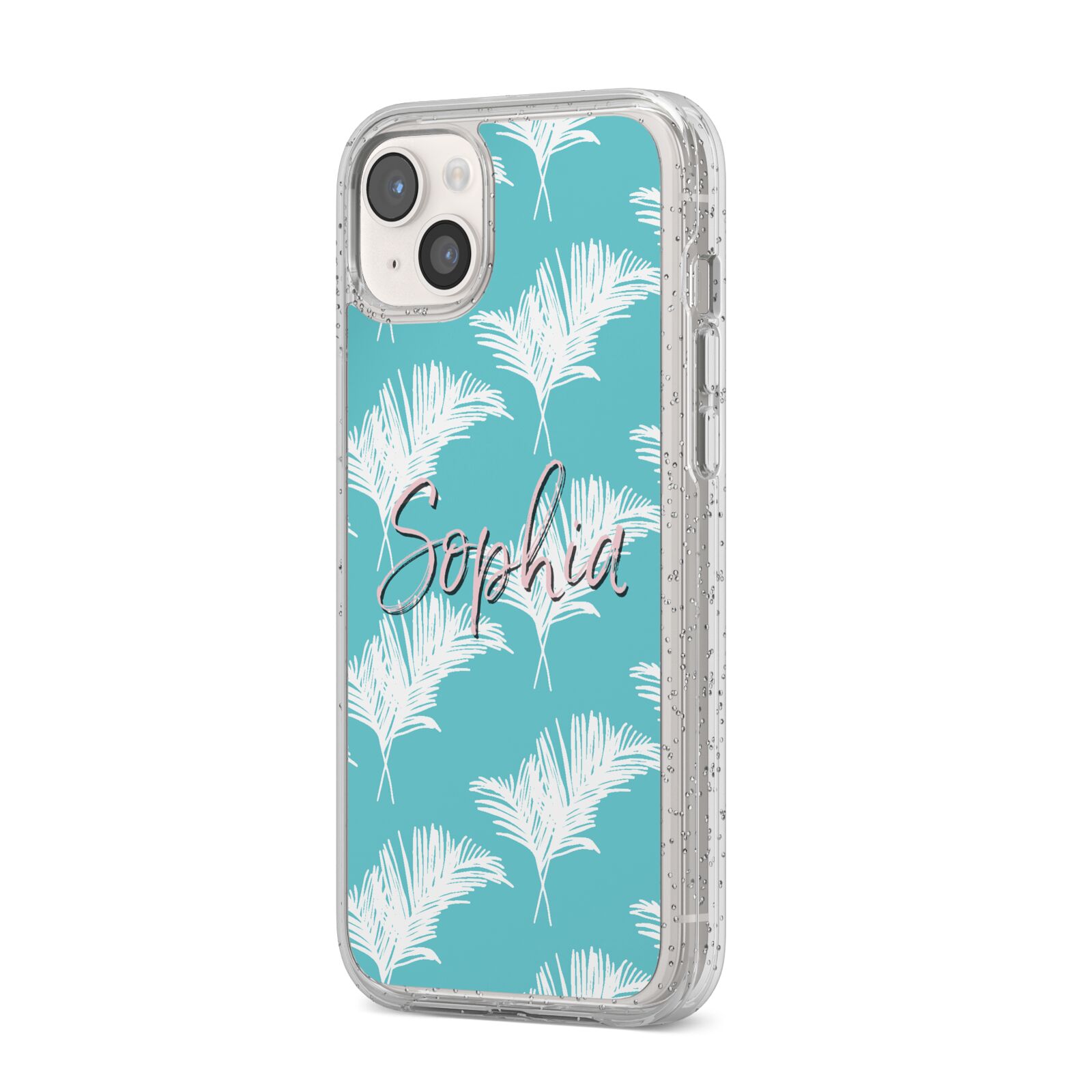 Personalised Blue White Tropical Foliage iPhone 14 Plus Glitter Tough Case Starlight Angled Image