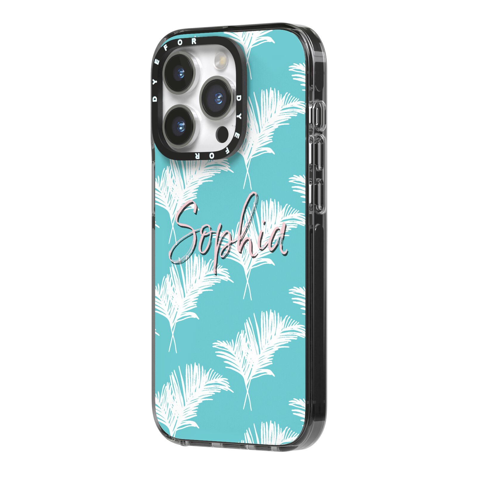 Personalised Blue White Tropical Foliage iPhone 14 Pro Black Impact Case Side Angle on Silver phone