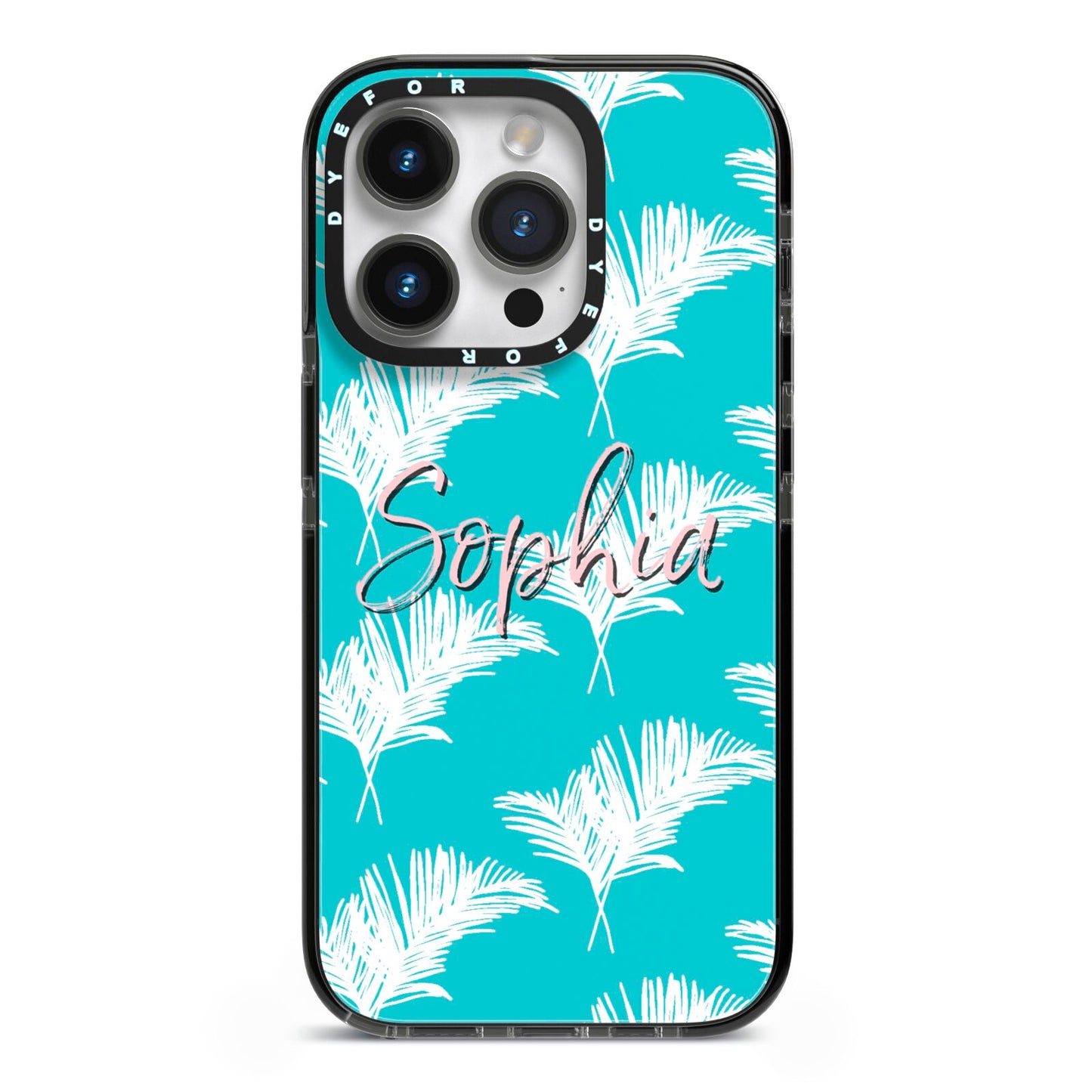 Personalised Blue White Tropical Foliage iPhone 14 Pro Black Impact Case on Silver phone