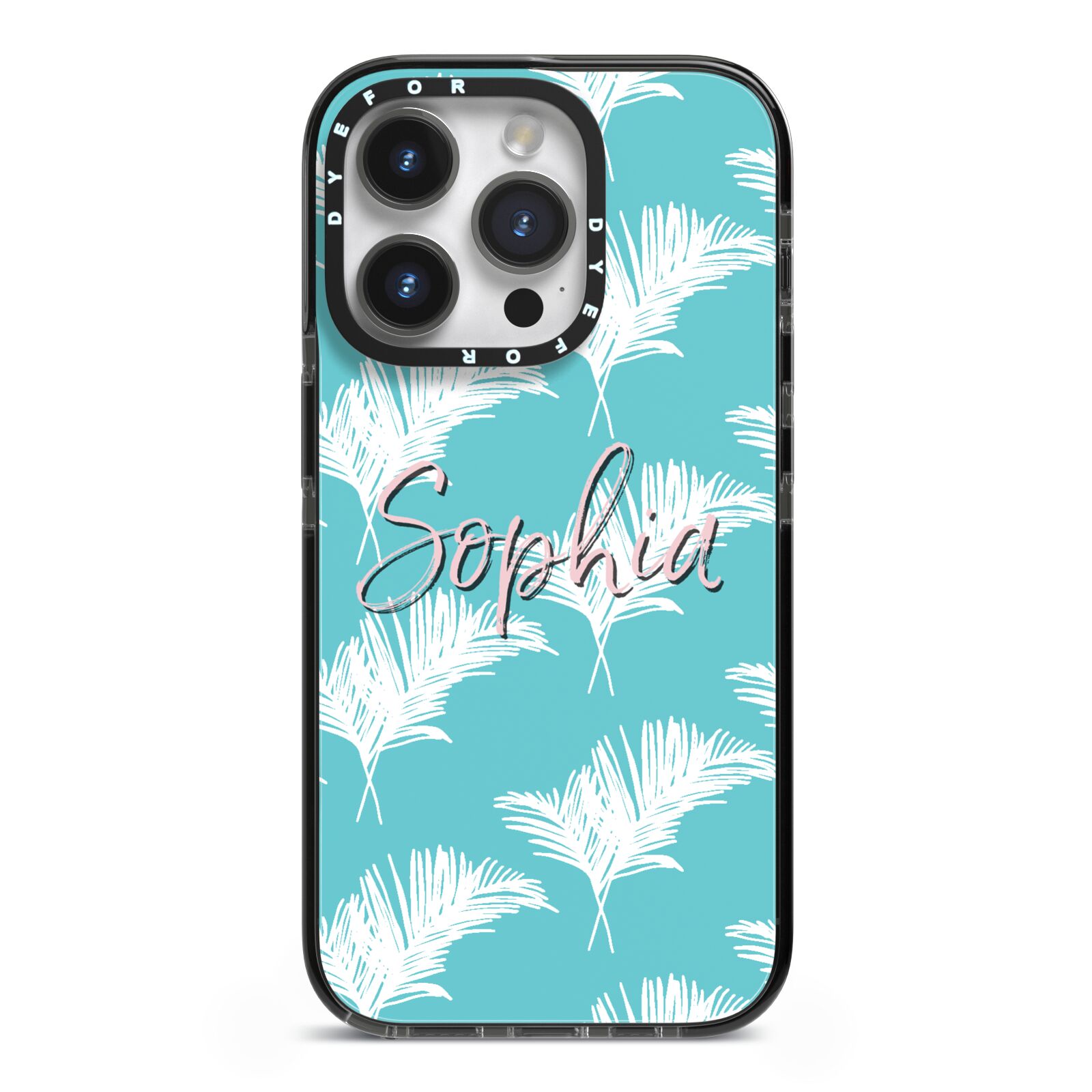 Personalised Blue White Tropical Foliage iPhone 14 Pro Black Impact Case on Silver phone