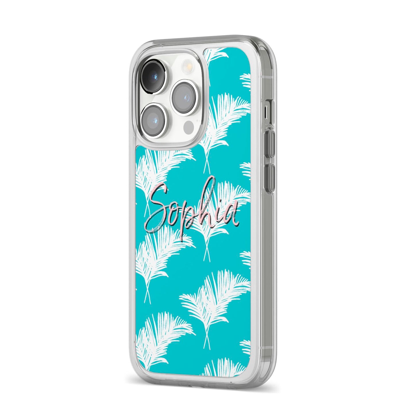 Personalised Blue White Tropical Foliage iPhone 14 Pro Clear Tough Case Silver Angled Image