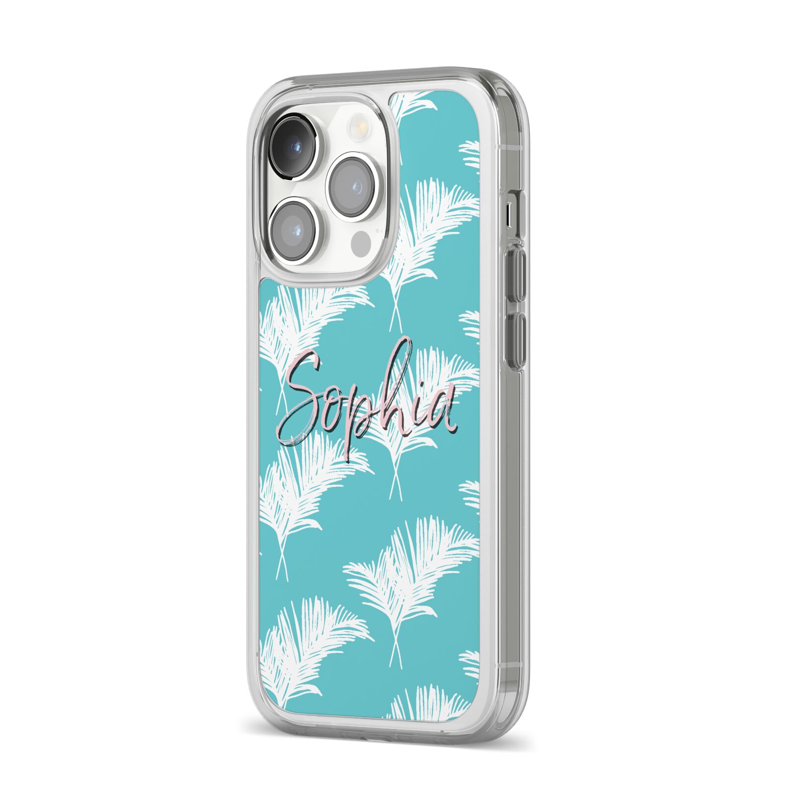 Personalised Blue White Tropical Foliage iPhone 14 Pro Clear Tough Case Silver Angled Image