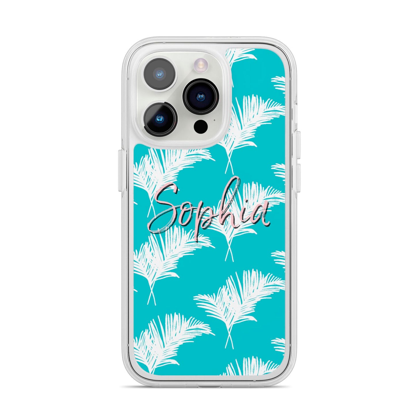 Personalised Blue White Tropical Foliage iPhone 14 Pro Clear Tough Case Silver