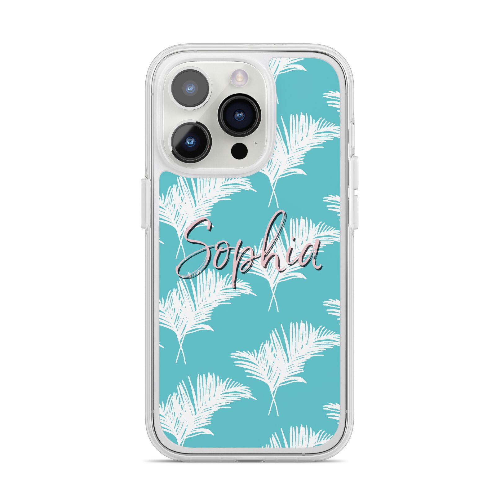 Personalised Blue White Tropical Foliage iPhone 14 Pro Clear Tough Case Silver