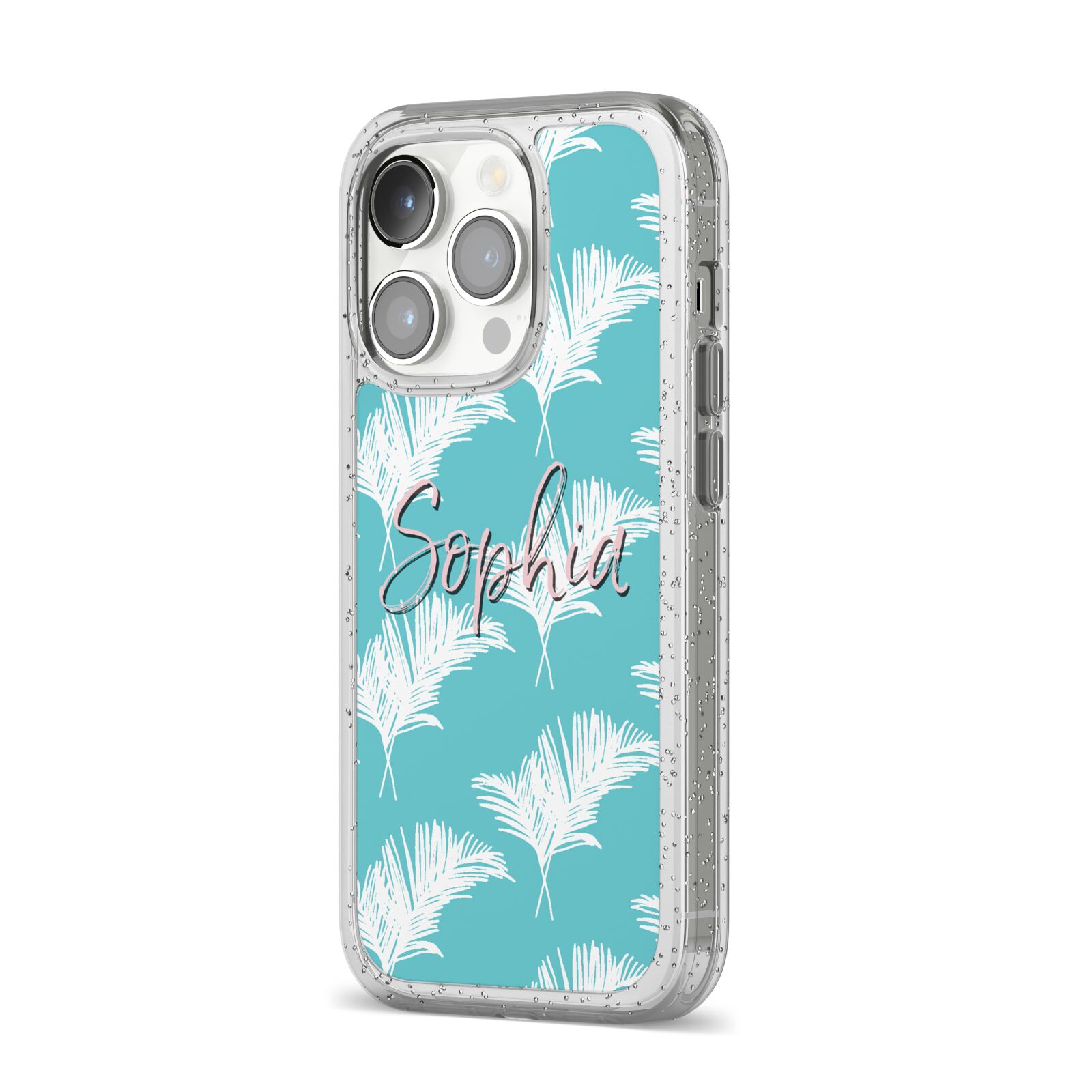 Personalised Blue White Tropical Foliage iPhone 14 Pro Glitter Tough Case Silver Angled Image