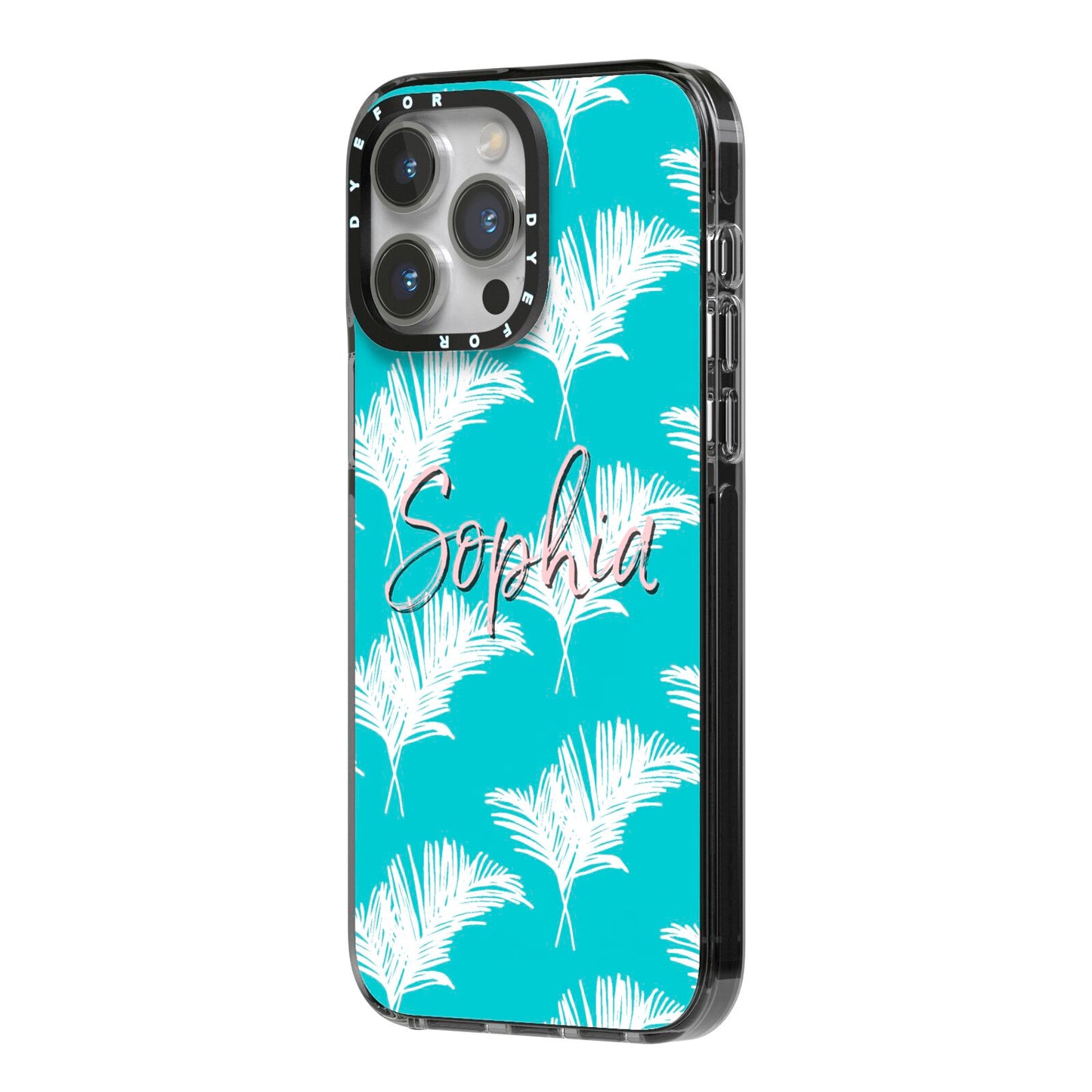 Personalised Blue White Tropical Foliage iPhone 14 Pro Max Black Impact Case Side Angle on Silver phone