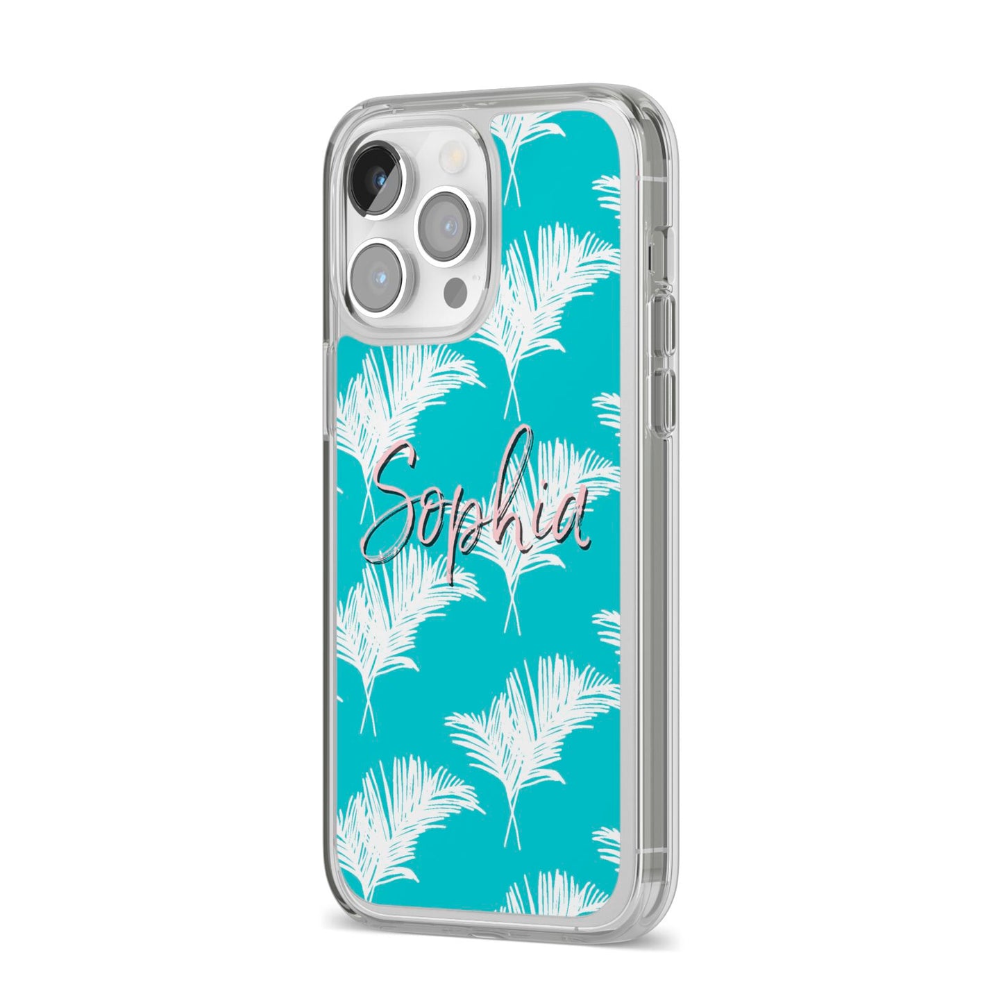 Personalised Blue White Tropical Foliage iPhone 14 Pro Max Clear Tough Case Silver Angled Image