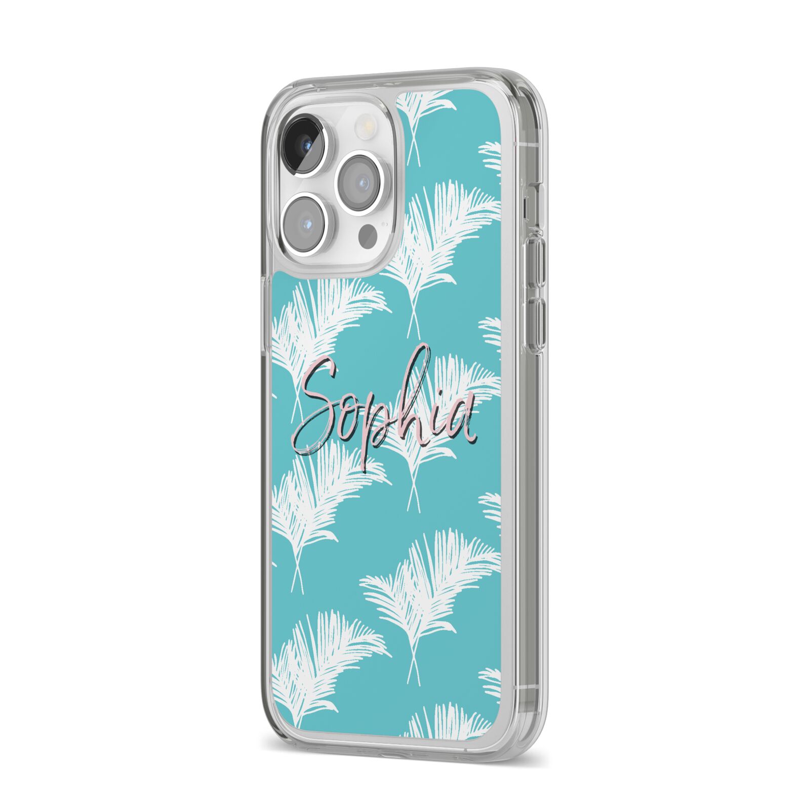 Personalised Blue White Tropical Foliage iPhone 14 Pro Max Clear Tough Case Silver Angled Image