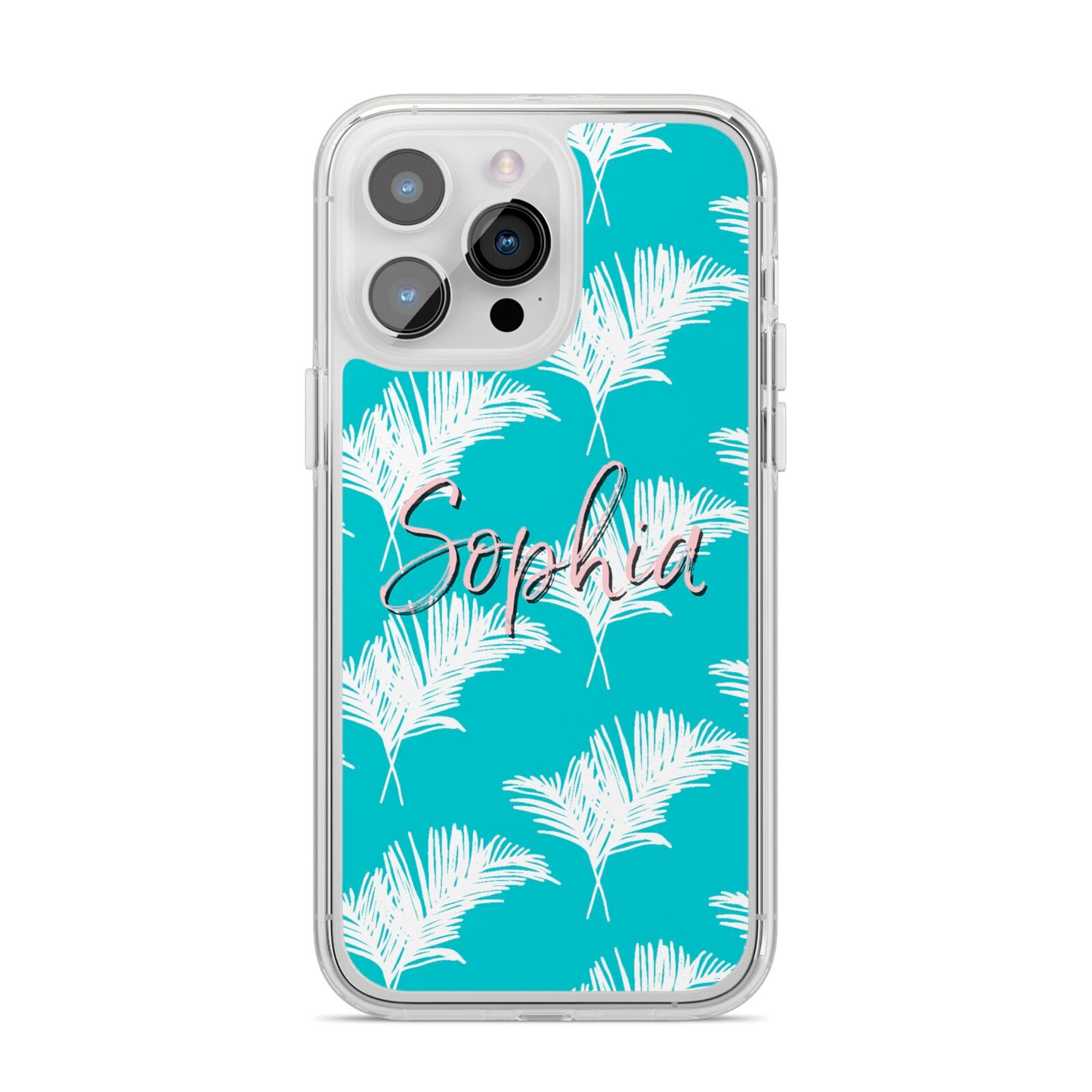 Personalised Blue White Tropical Foliage iPhone 14 Pro Max Clear Tough Case Silver