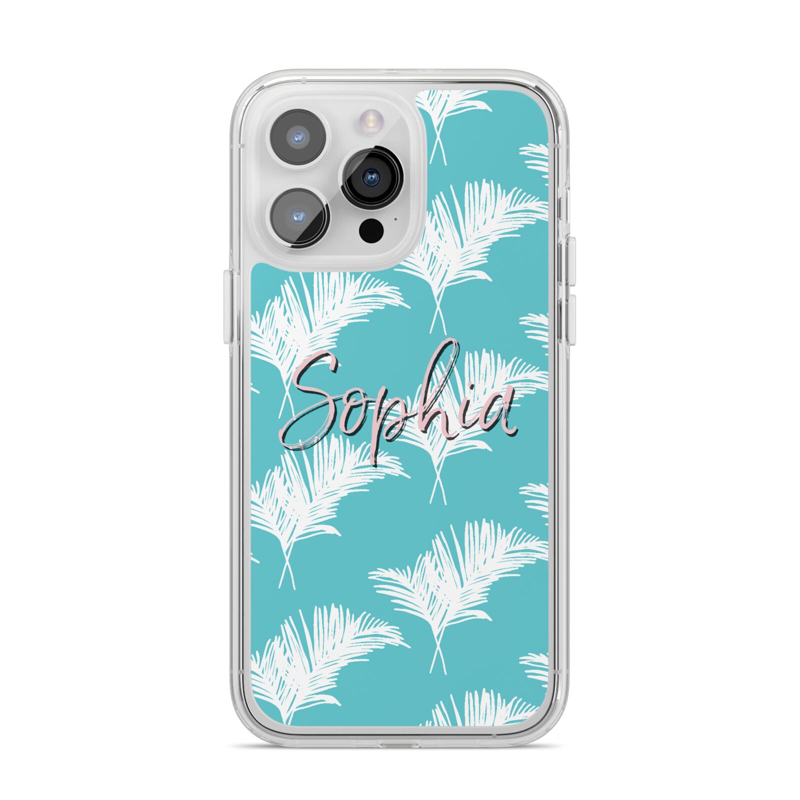 Personalised Blue White Tropical Foliage iPhone 14 Pro Max Clear Tough Case Silver