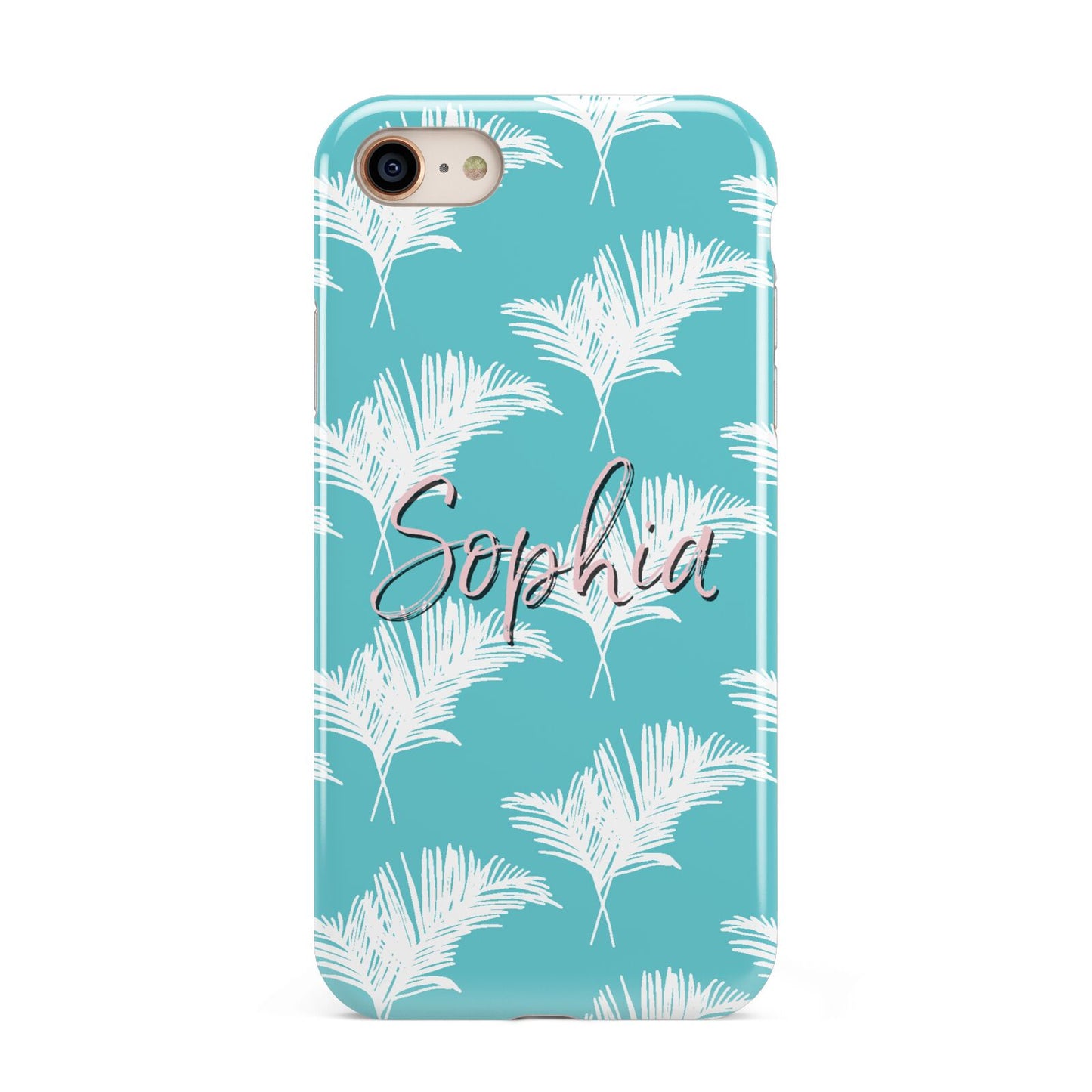 Personalised Blue White Tropical Foliage iPhone 8 3D Tough Case on Gold Phone