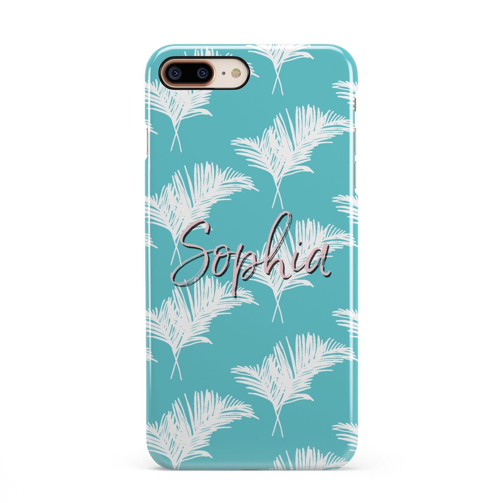 Personalised Blue White Tropical Foliage iPhone 8 Plus 3D Snap Case on Gold Phone