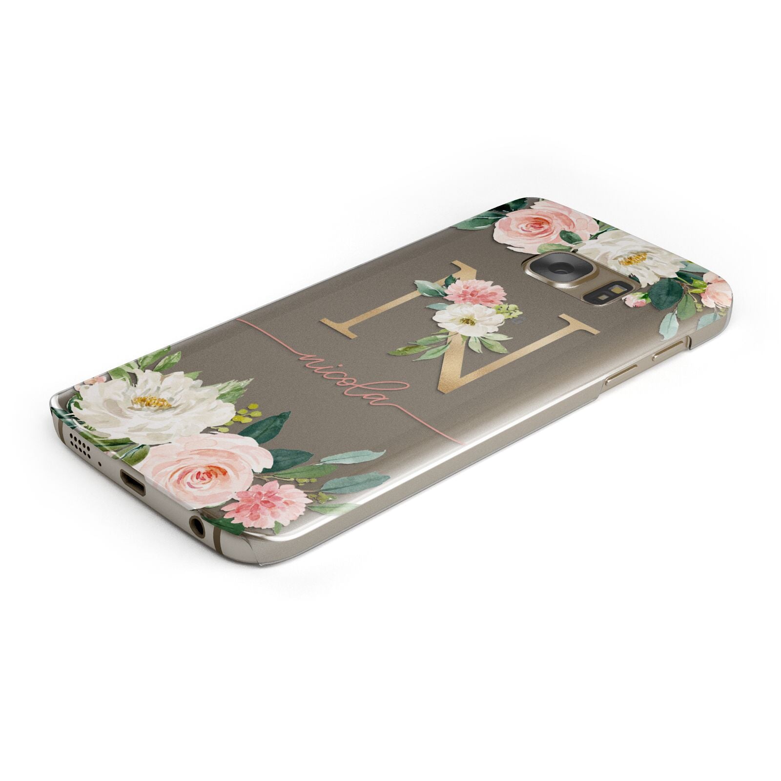 Personalised Blush Floral Monogram Protective Samsung Galaxy Case Angled Image