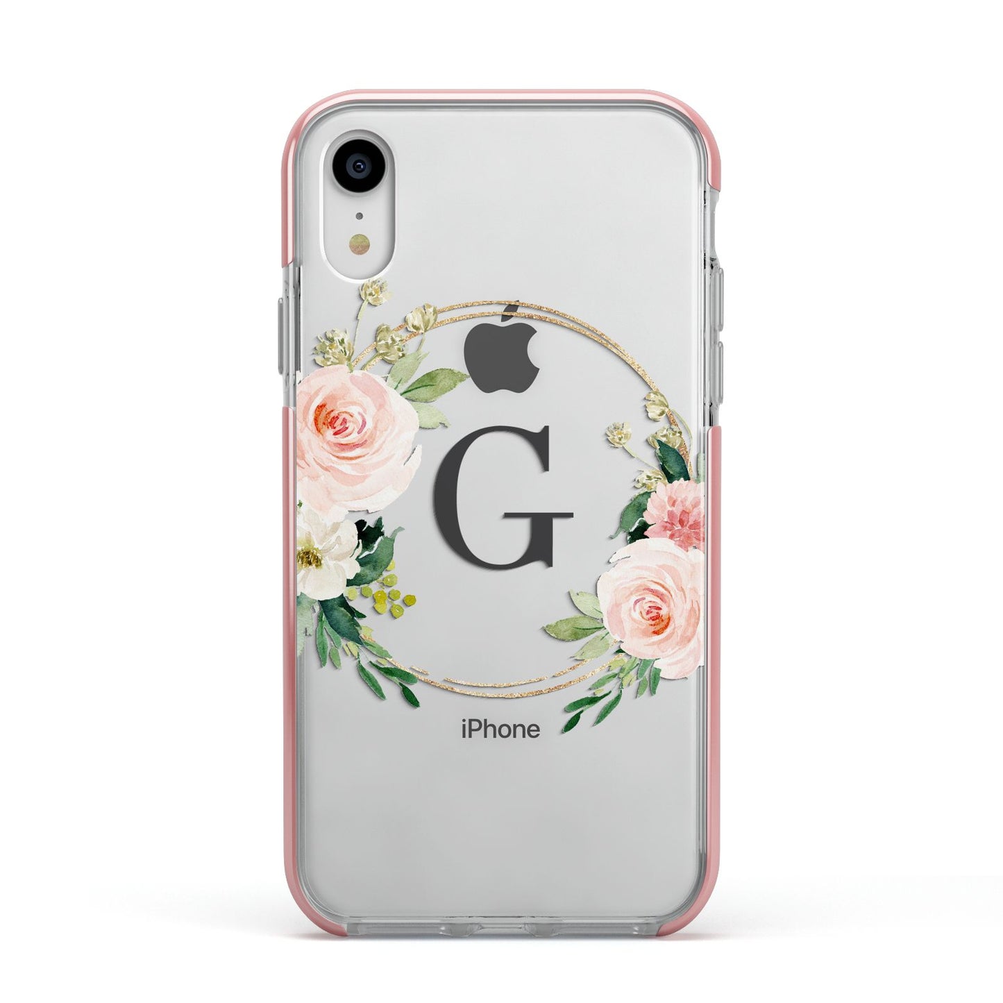 Personalised Blush Floral Wreath Apple iPhone XR Impact Case Pink Edge on Silver Phone