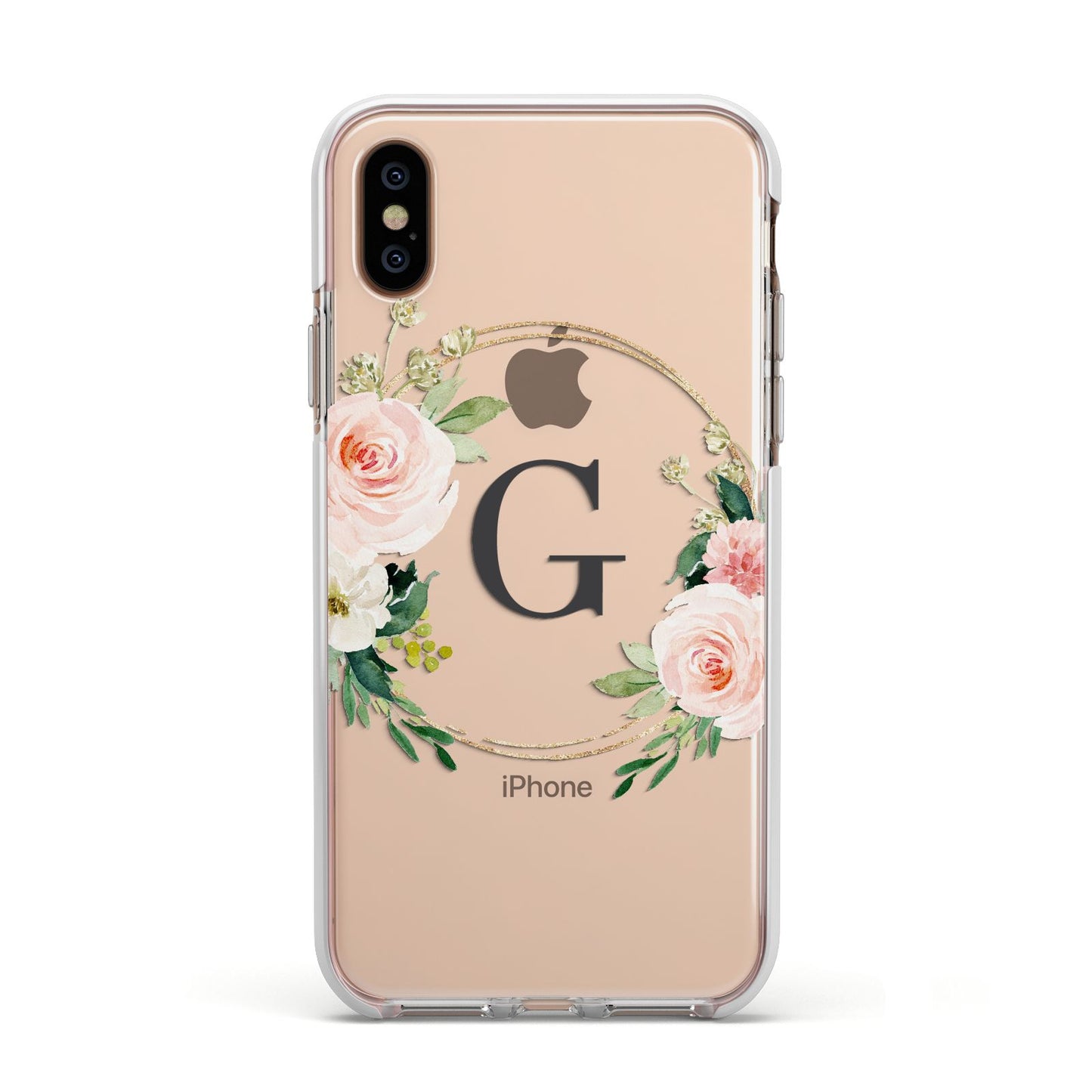 Personalised Blush Floral Wreath Apple iPhone Xs Impact Case White Edge on Gold Phone