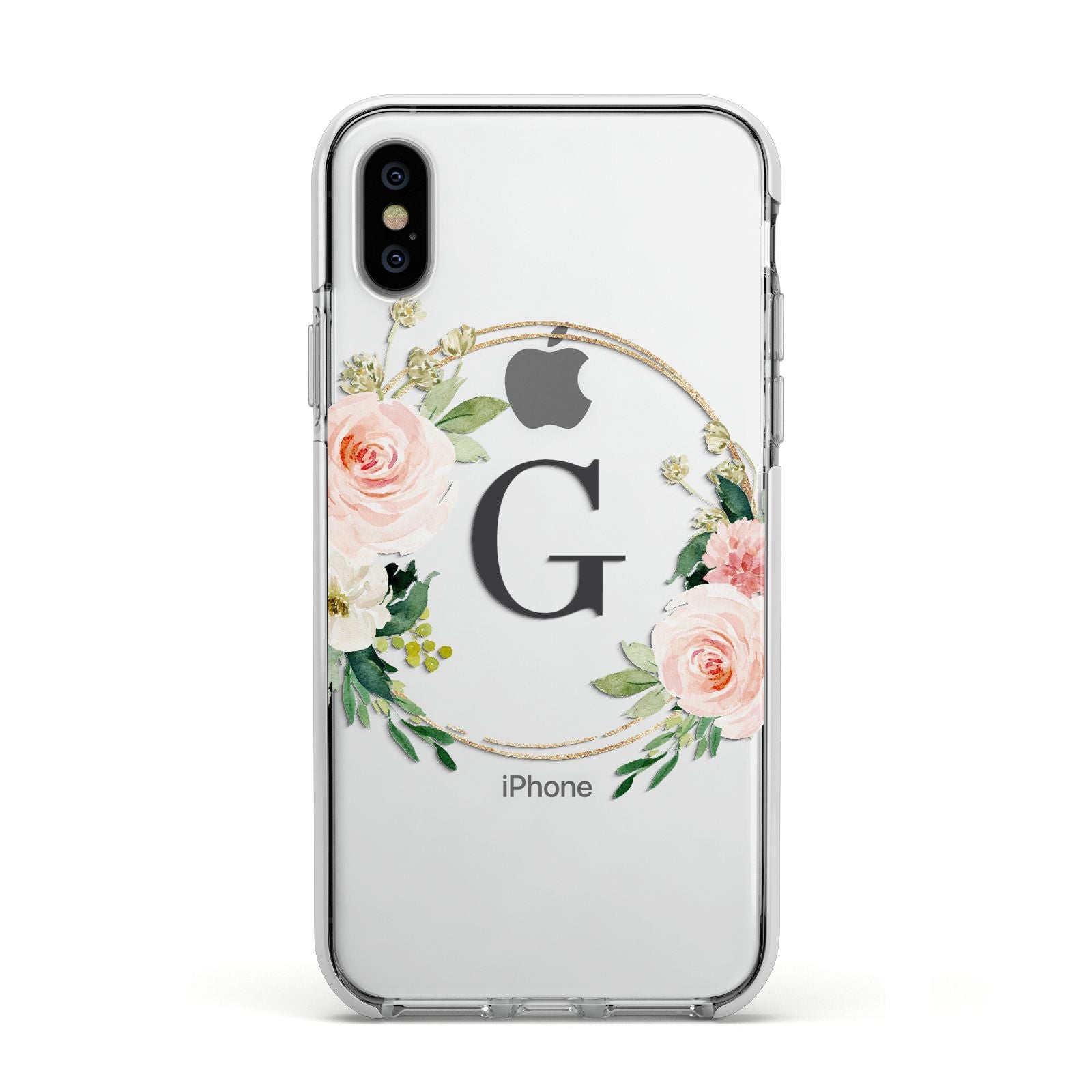 Personalised Blush Floral Wreath Apple iPhone Xs Impact Case White Edge on Silver Phone
