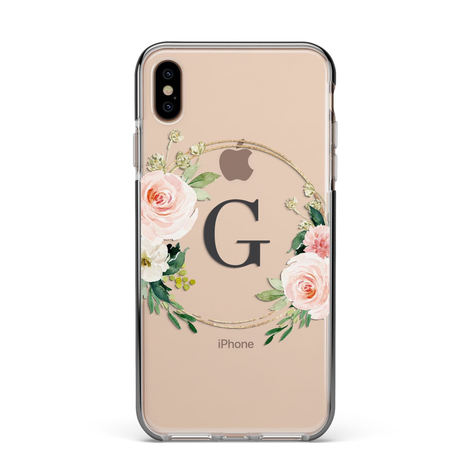 Personalised Blush Floral Wreath Apple iPhone Xs Max Impact Case Black Edge on Gold Phone
