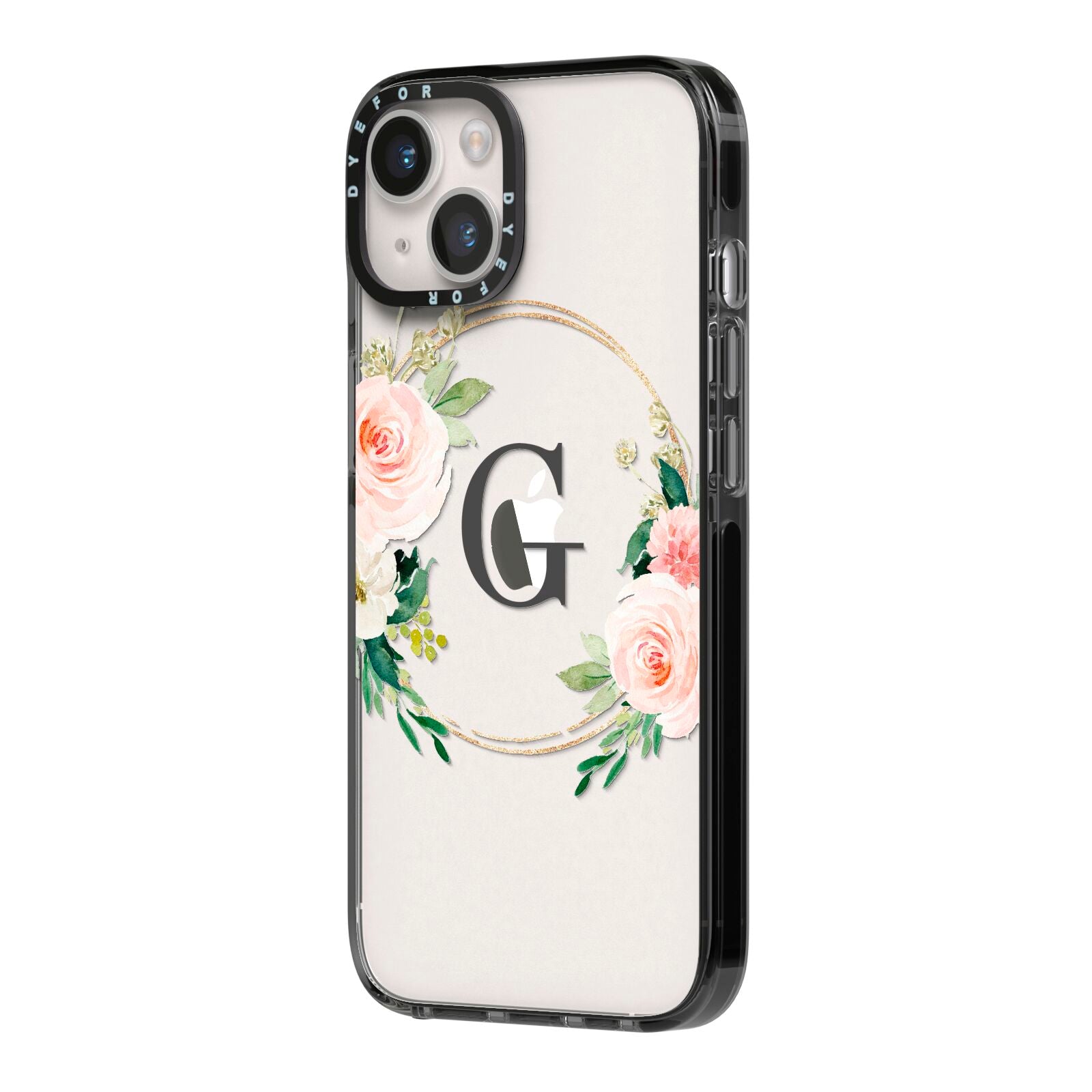 Personalised Blush Floral Wreath iPhone 14 Black Impact Case Side Angle on Silver phone