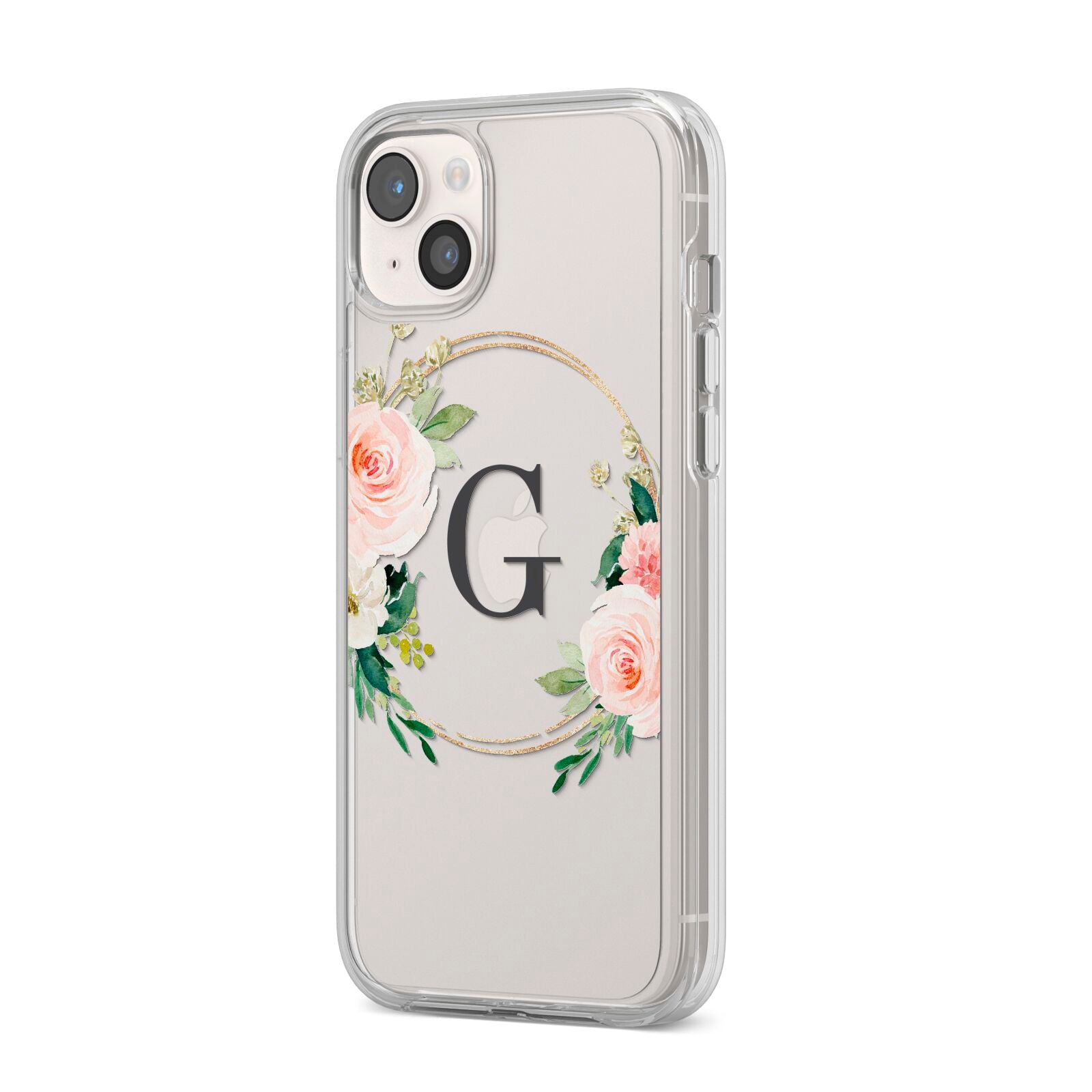 Personalised Blush Floral Wreath iPhone 14 Plus Clear Tough Case Starlight Angled Image