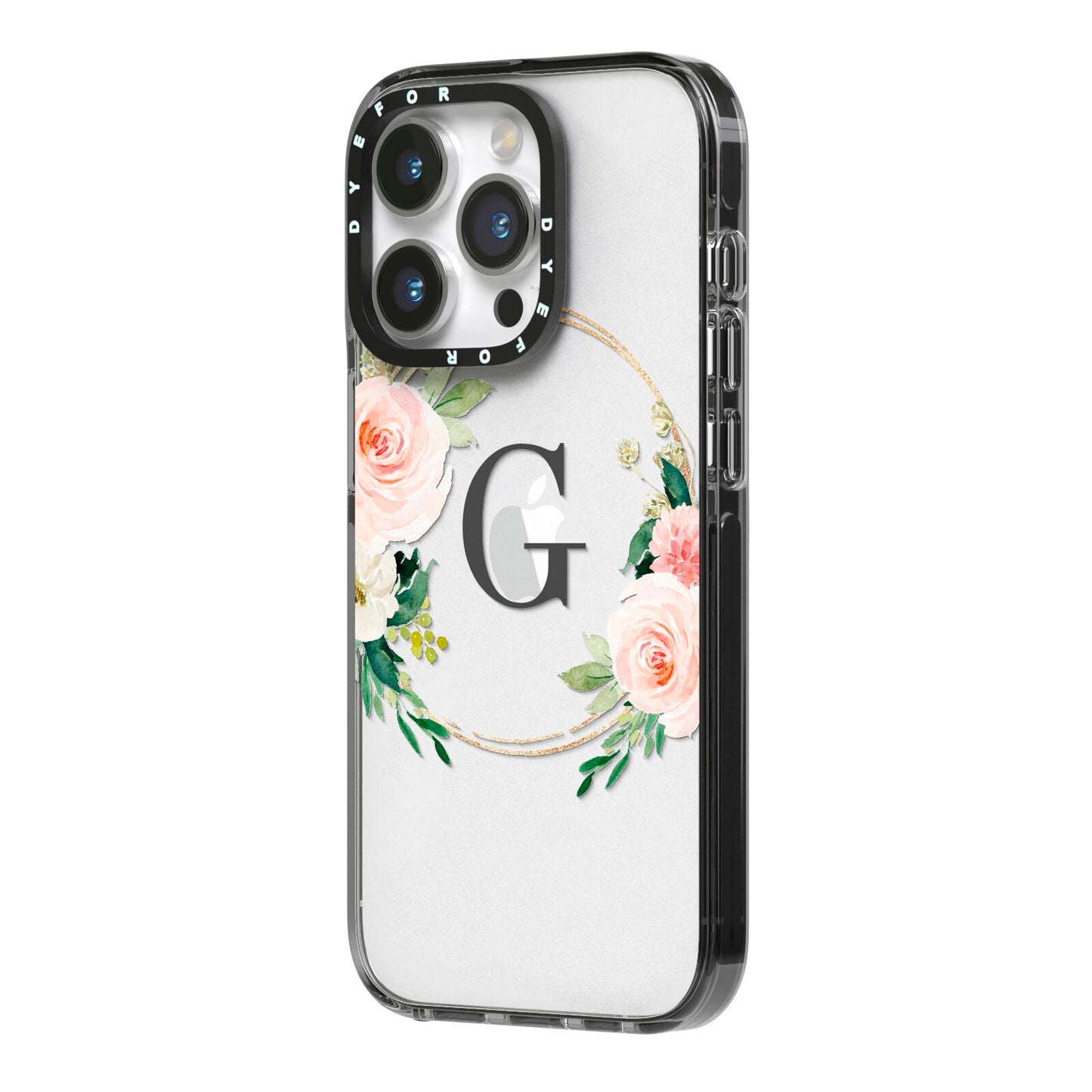 Personalised Blush Floral Wreath iPhone 14 Pro Black Impact Case Side Angle on Silver phone