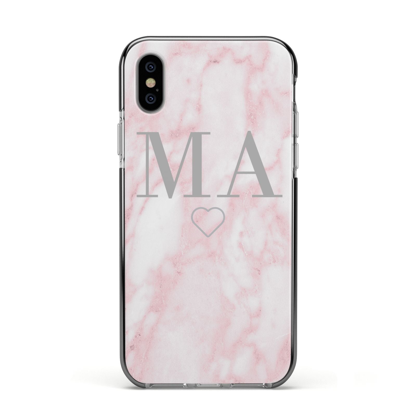 Personalised Blush Marble Initials Apple iPhone Xs Impact Case Black Edge on Silver Phone