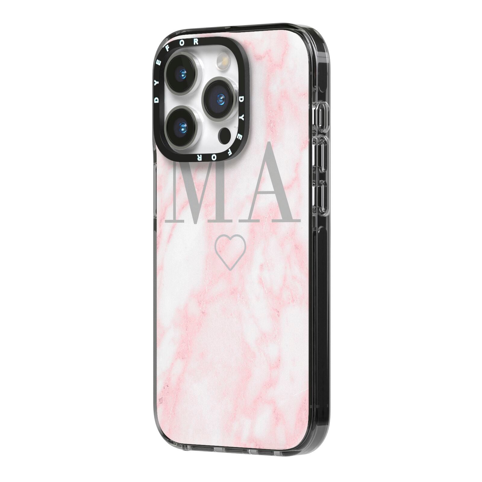 Personalised Blush Marble Initials iPhone 14 Pro Black Impact Case Side Angle on Silver phone