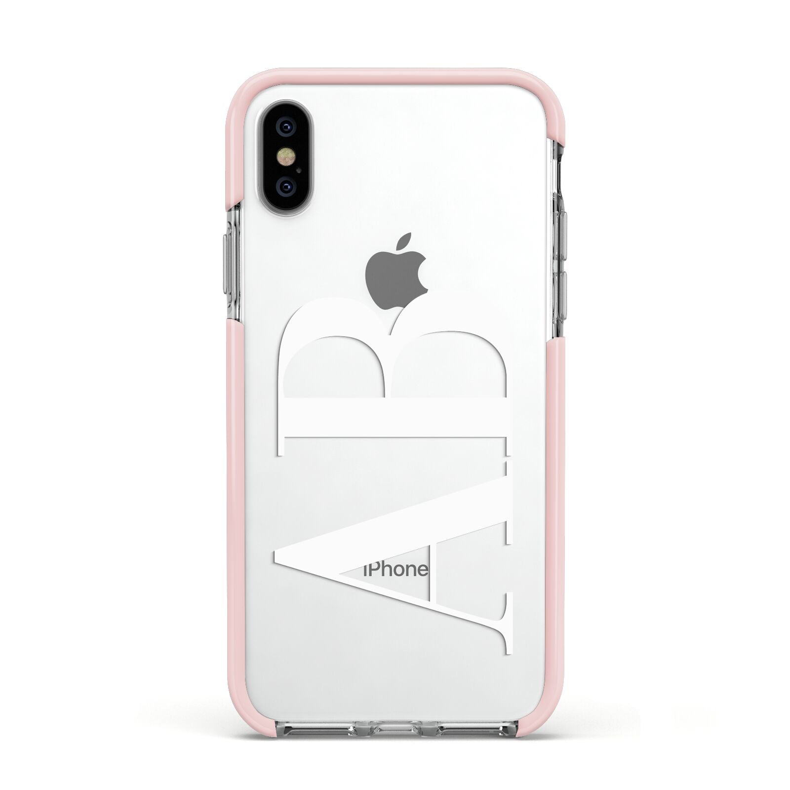 Personalised Bold Font Apple iPhone Xs Impact Case Pink Edge on Silver Phone