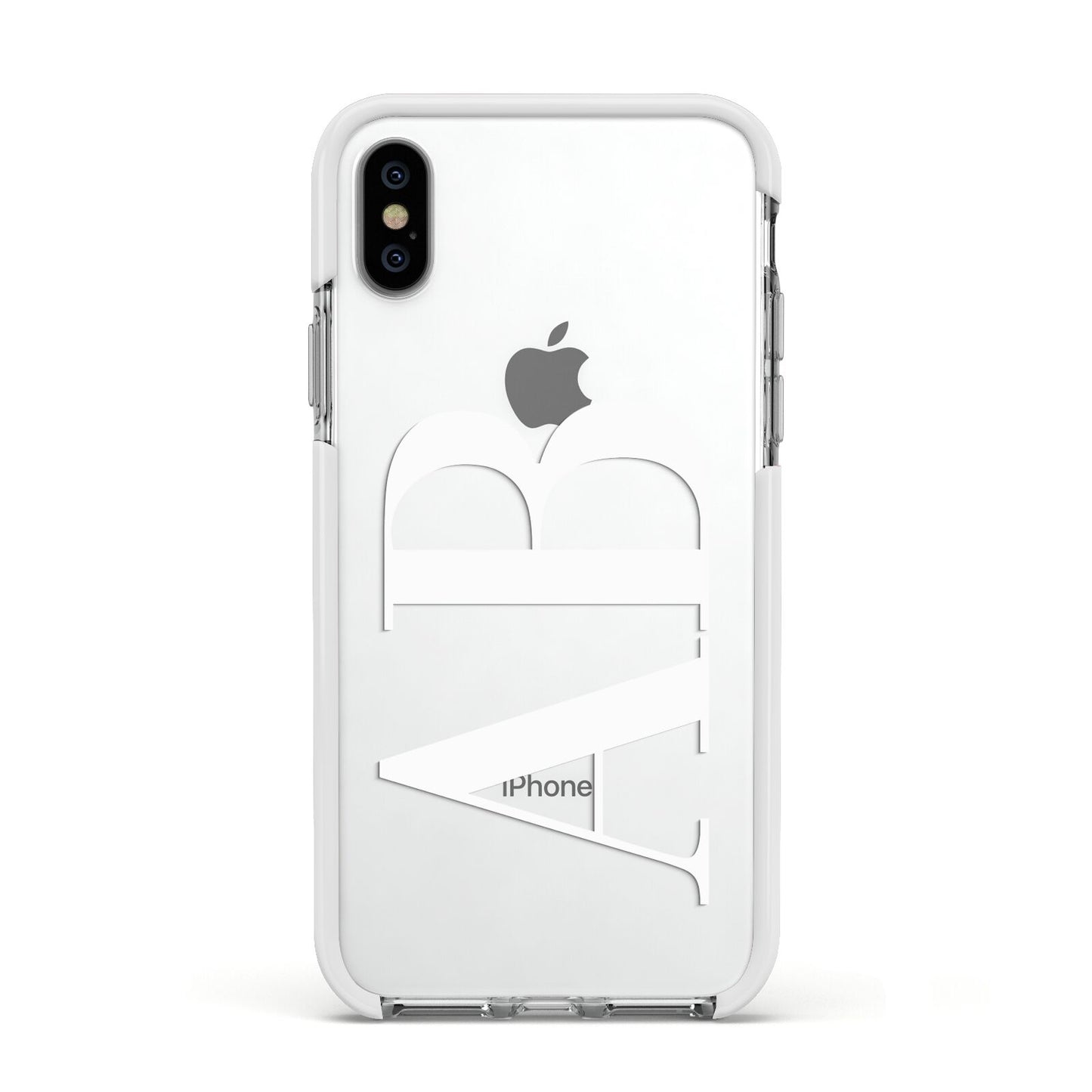 Personalised Bold Font Apple iPhone Xs Impact Case White Edge on Silver Phone