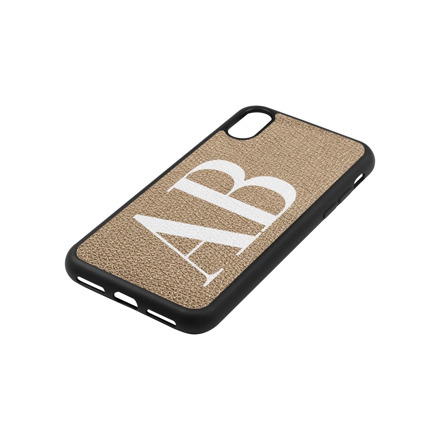 Personalised Bold Font Gold Pebble Leather iPhone Xs Case Side Angle