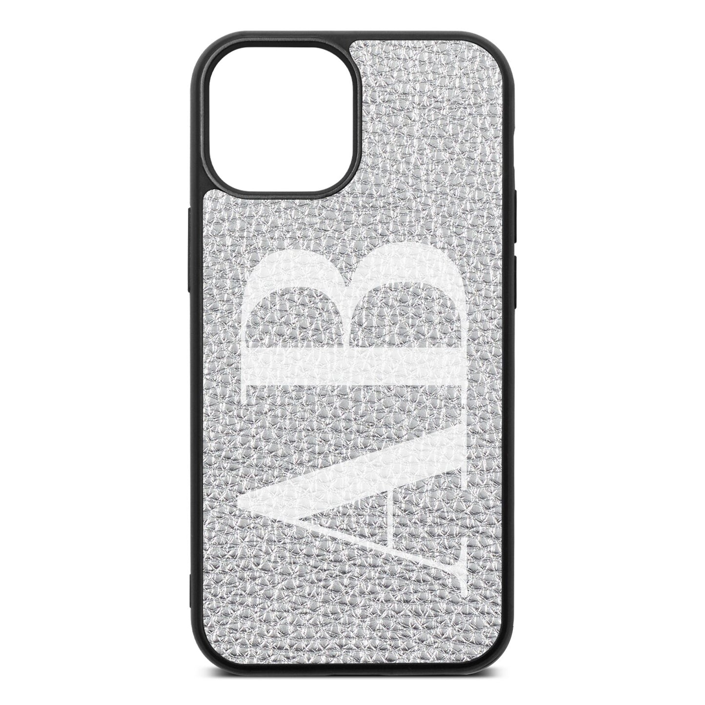 Personalised Bold Font Silver Pebble Leather iPhone 13 Mini Case