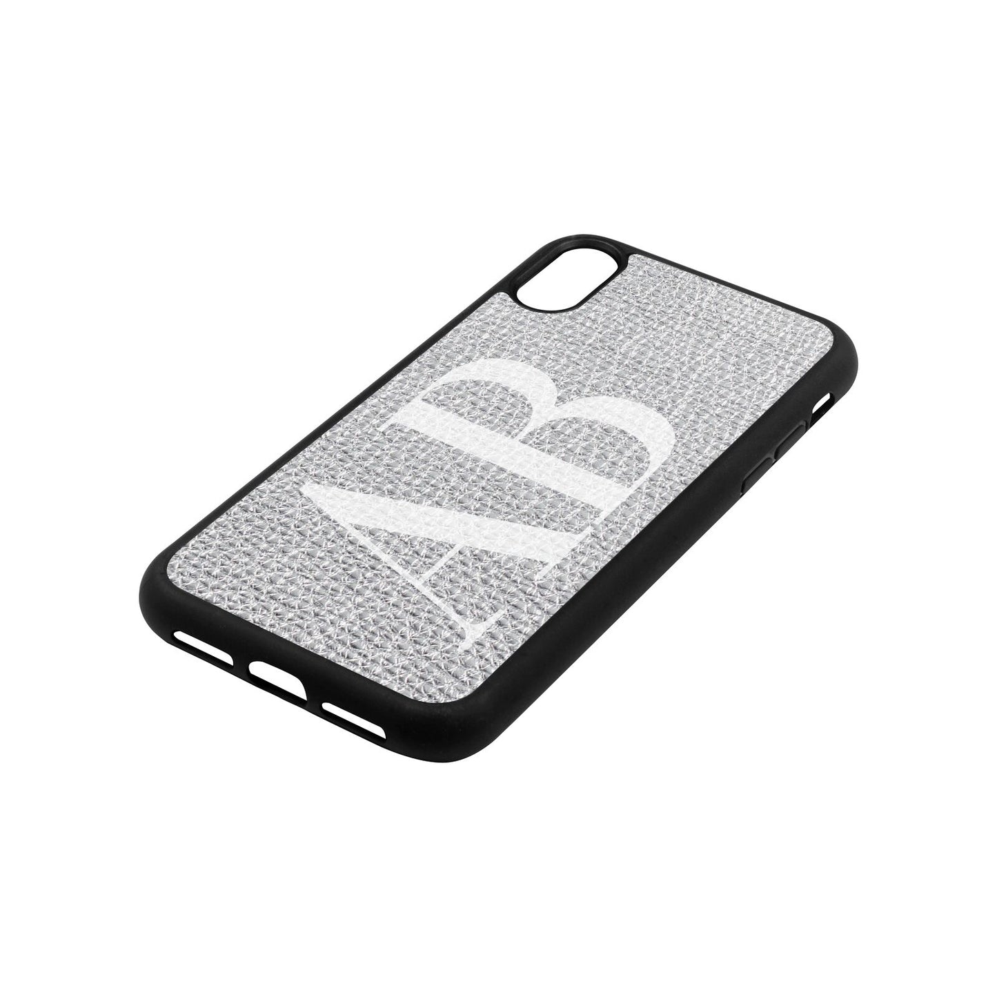 Personalised Bold Font Silver Pebble Leather iPhone Xr Case Side Angle