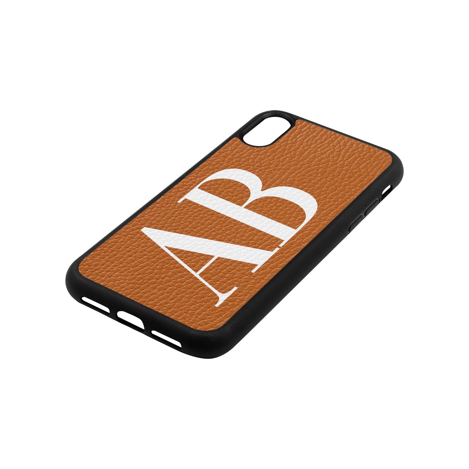 Personalised Bold Font Tan Pebble Leather iPhone Xr Case Side Angle