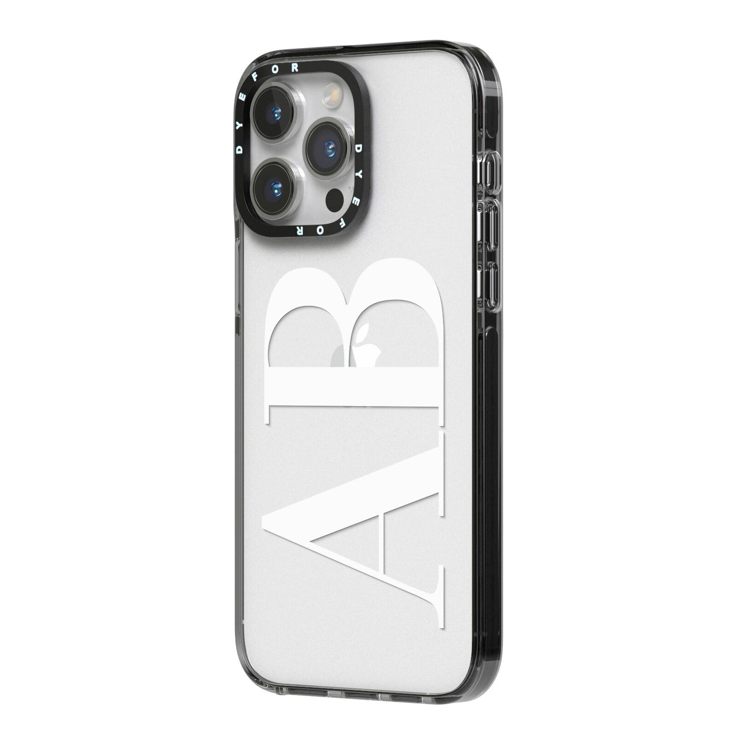 Personalised Bold Font iPhone 14 Pro Max Black Impact Case Side Angle on Silver phone