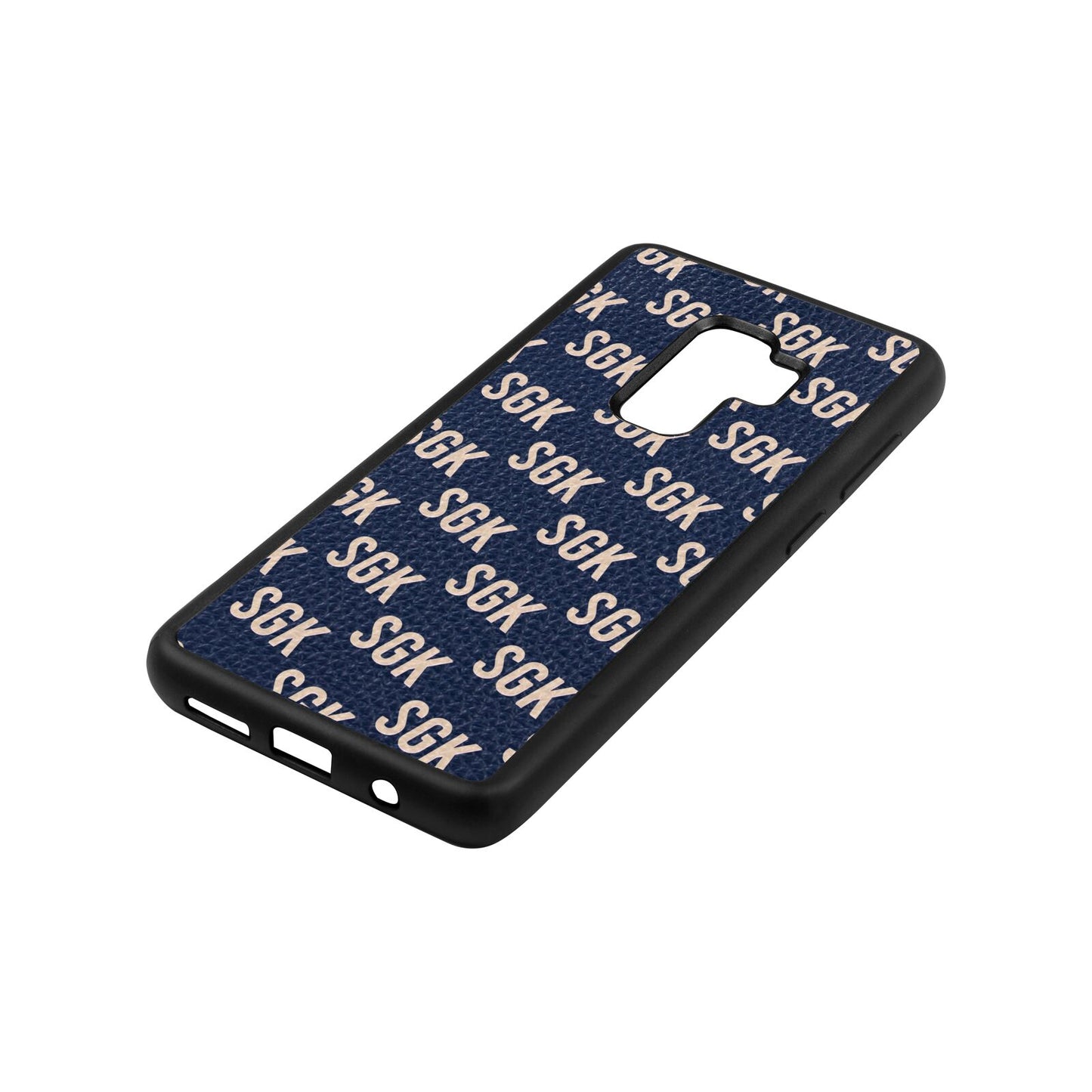 Personalised Brick Pattern Text Navy Blue Pebble Leather Samsung S9 Plus Case Side Angle