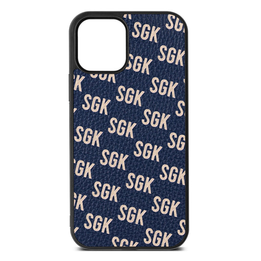 Personalised Brick Pattern Text Navy Blue Pebble Leather iPhone 12 Case