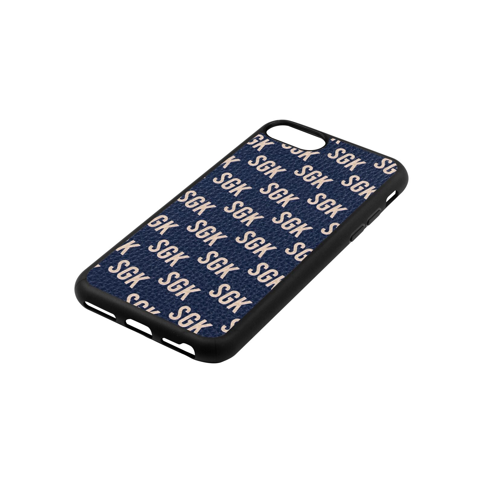 Personalised Brick Pattern Text Navy Blue Pebble Leather iPhone 8 Case Side Angle